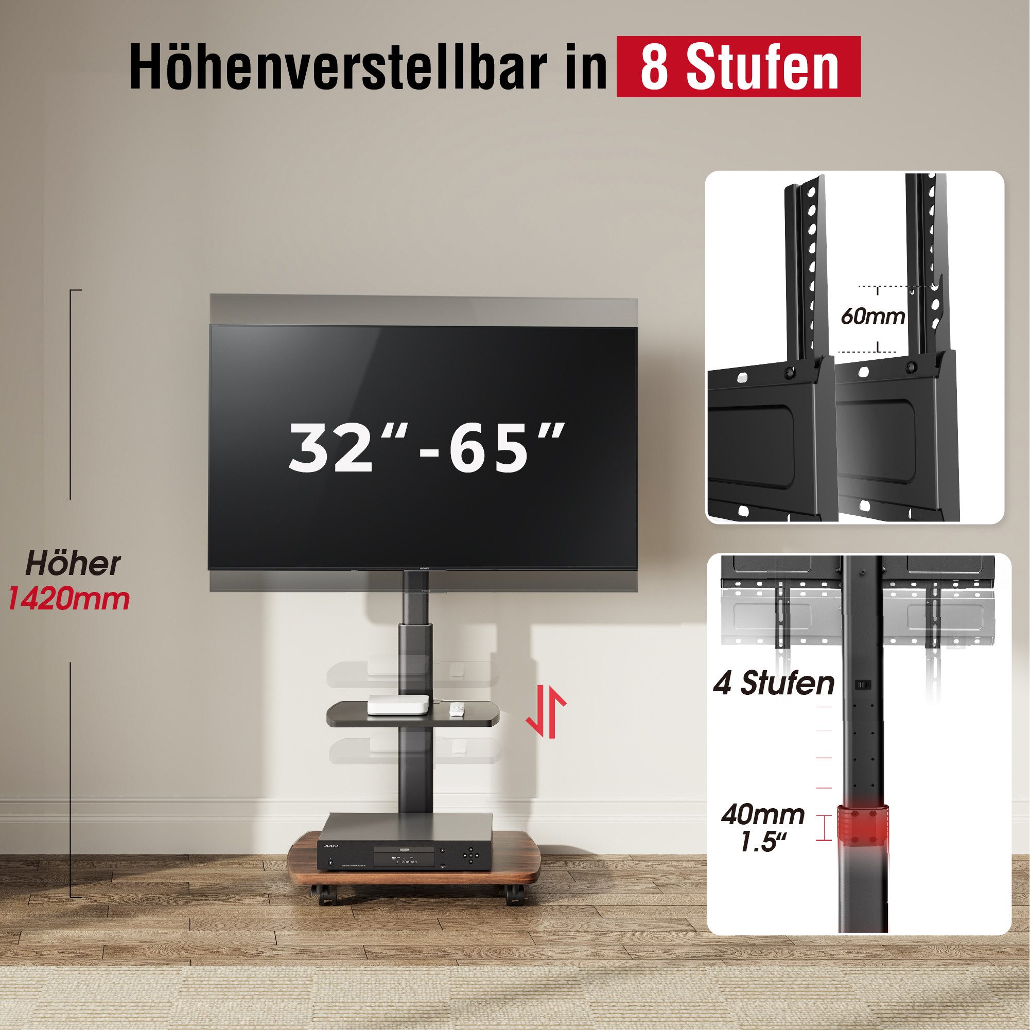 AOKCOS TV-Ständer, (bis 65 Zoll, mit Holzablage & Regal)