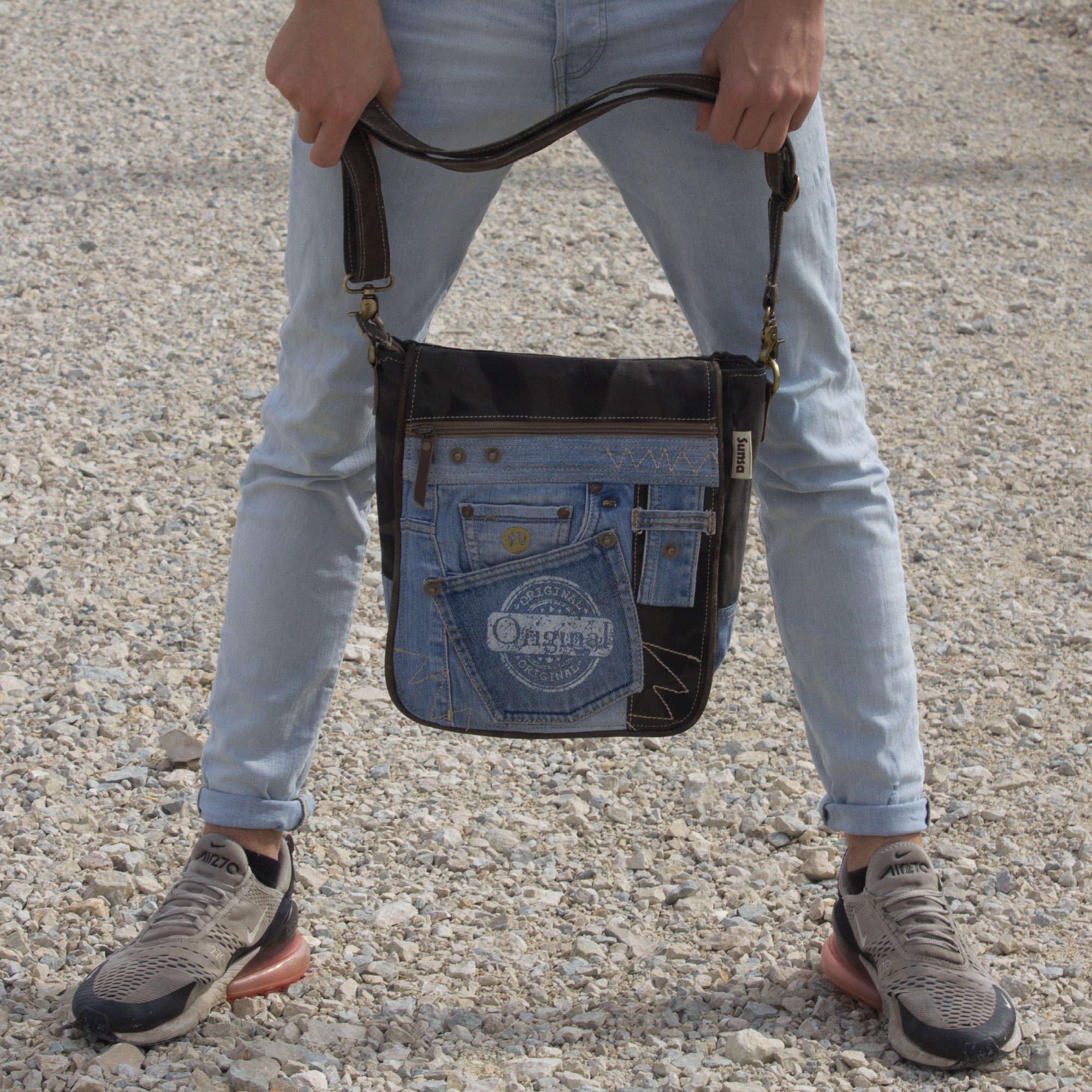 Schultertasche recycelten Sunsa Tasche Ihn. Messenger und Messenger mit der recycelten schwarzes Materialien für Umhängetasche Canvas. Handyfach Große unter Sie/ aus Jeans Aus Bag Frontklappe,