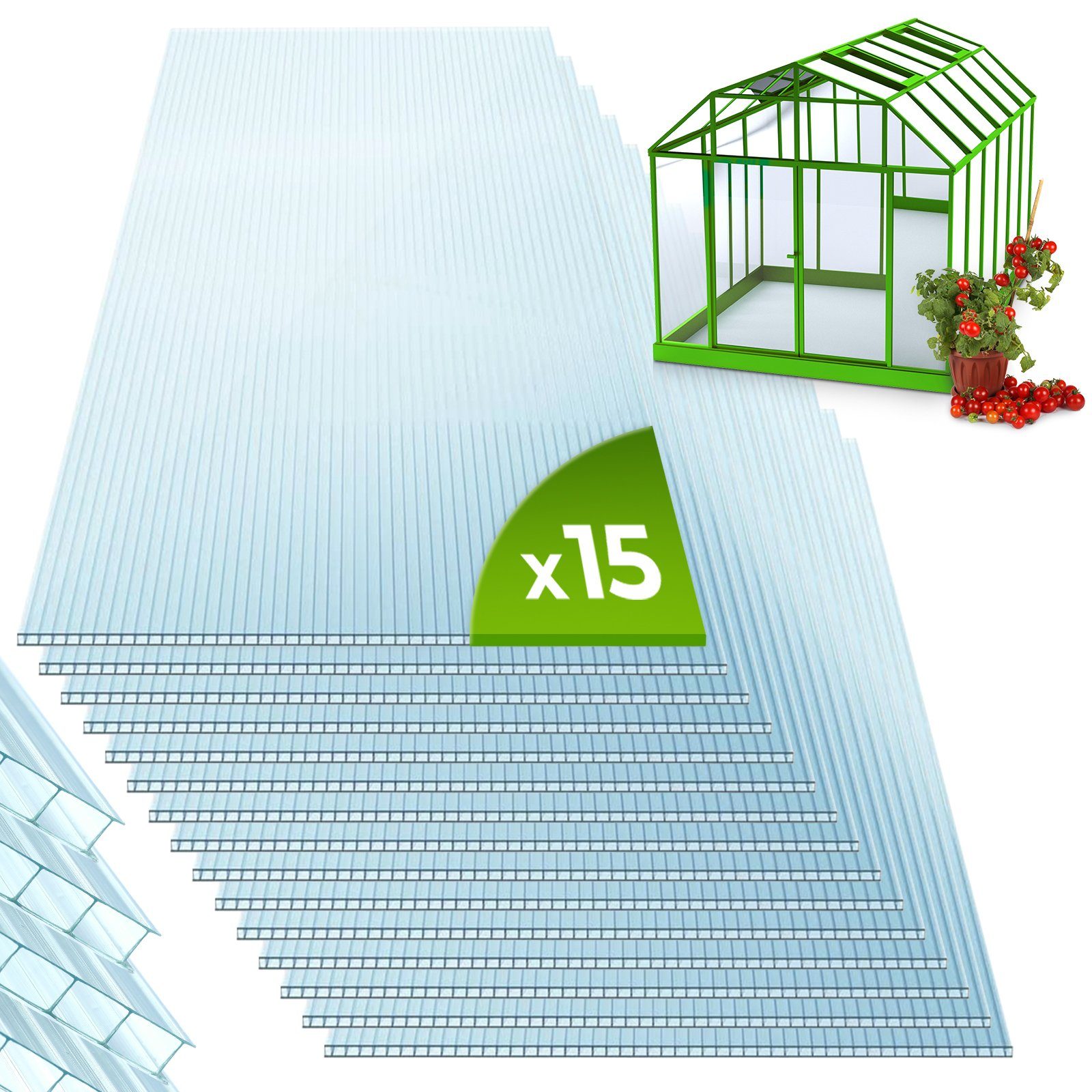 Jago Gewächshaus Polycarbonat Hohlkammerstegplatten - 15 Stk., 4mm, 121 x 60.5 cm, 11m²