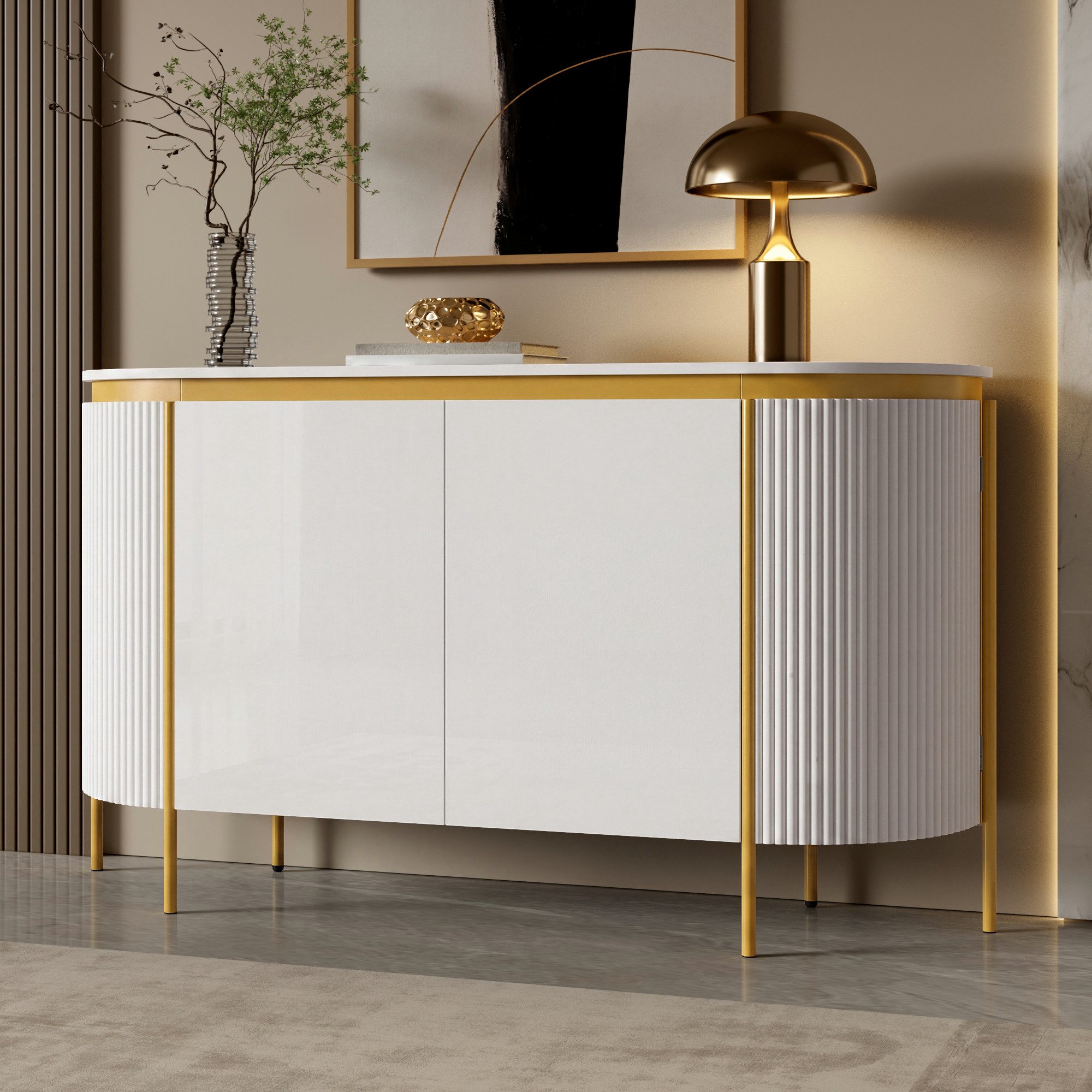 Merax Sideboard mit 4 Türen, grifflosem Design, ovaler Form und Riffeloptik (140x38x80 cm, 1 St), Anrichte mit Einlegeboden, Kommode mit …