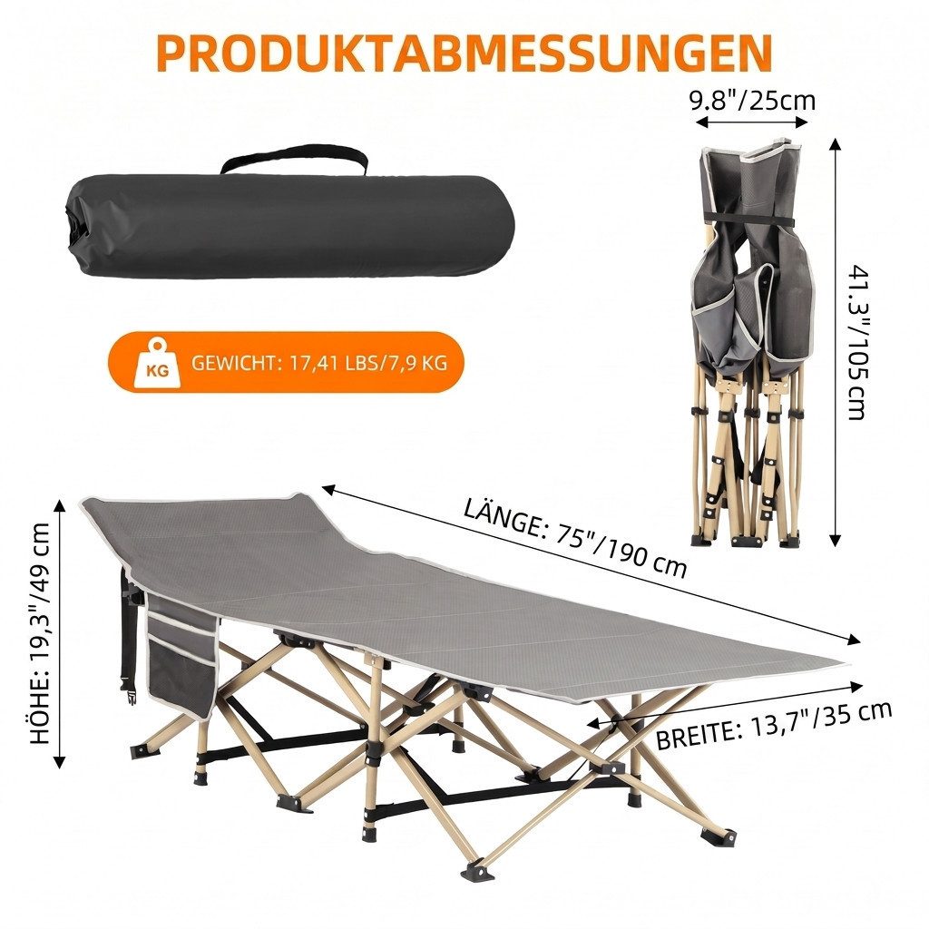 BUFO Faltbett Camping Komfort 190 (3-teilig, 3-teilig) faltbar; tragbar; schneller Aufbau