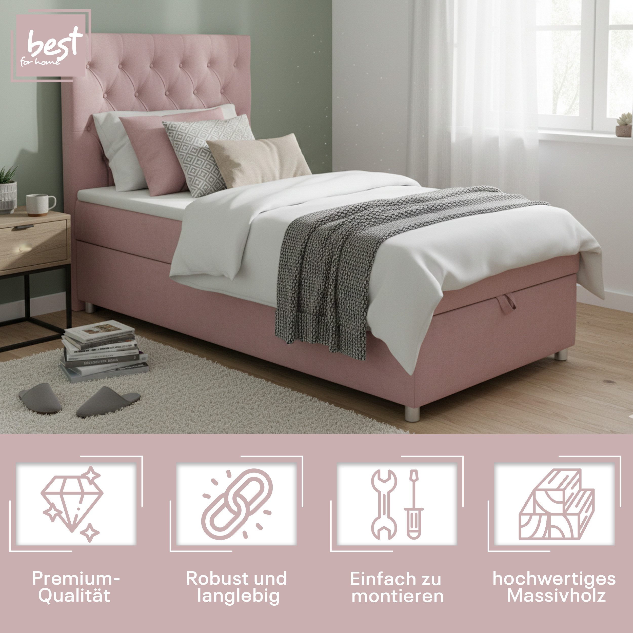 Best for Home Boxspringbett Trinity K-14 mit Bettkasten & PUR-Topper Komfort – Einzelbett (Komplettset, 1-St., 70x200 80x200 90x200 100x200 cm), Stauraumfunktion, 18 cm Bonellfederkernmatratze H3