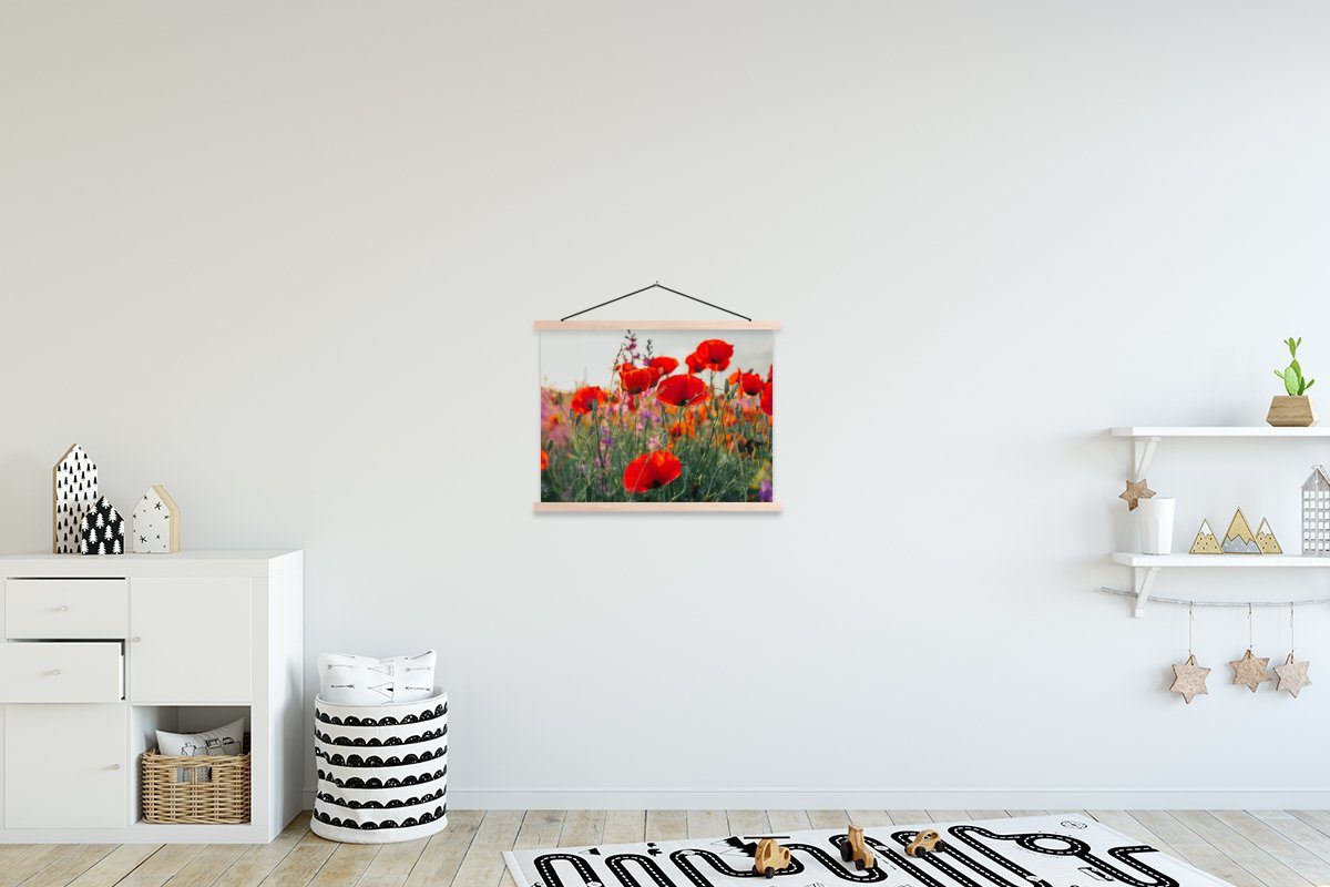 MuchoWow Poster Mohn - Blumen - Rot - Lila - Wiese, (1 St), Posterleiste, Textilposter für Wohnzimmer, Bilderleiste, Magnetisch braun | braun