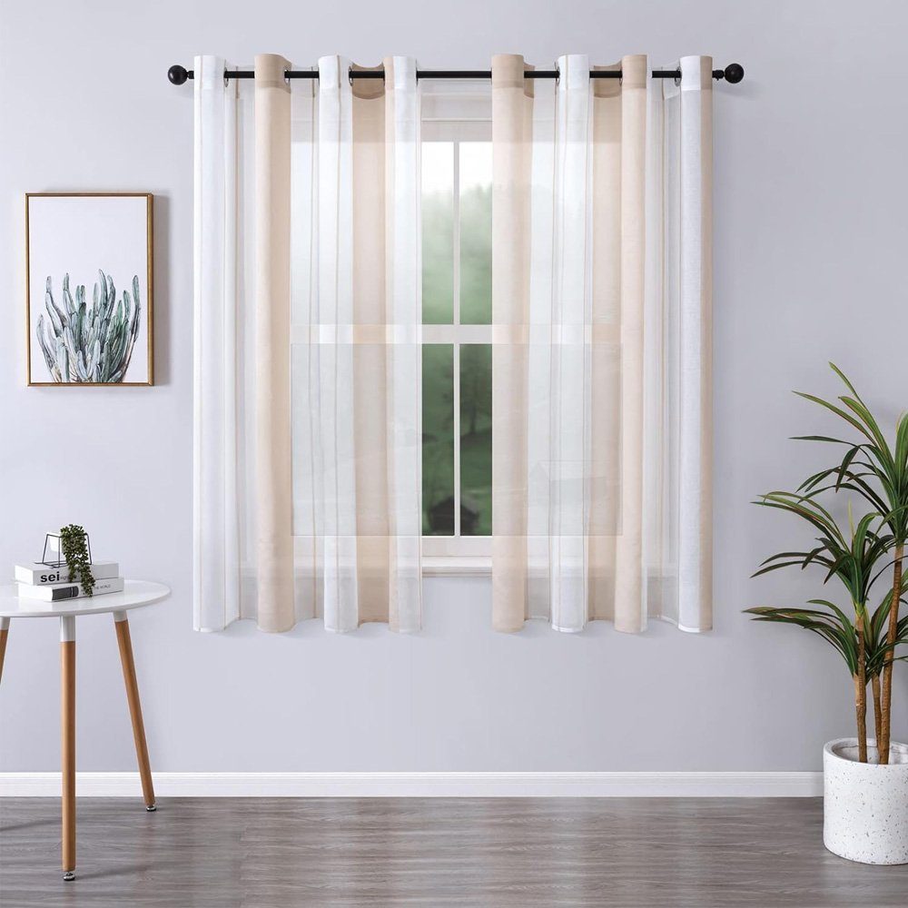 Gardine Voile Gardinen mit Ösen, 2er Set Halbtransparent Streifen Kurz Vorhang, NUODWELL Beige