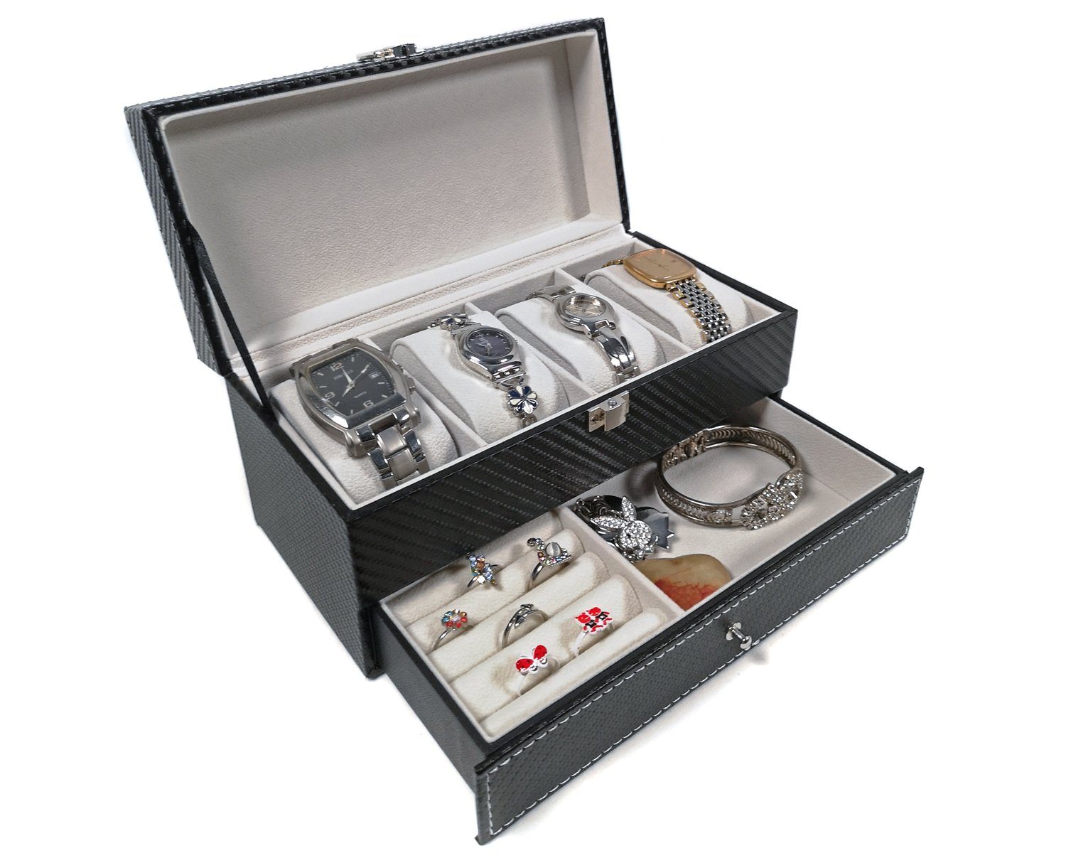 Yudu Uhrenbox Uhrenbox Uhrenkoffer Schmuckkästchen Schmuckkoffer mit Schublade – Bild 3 von 5