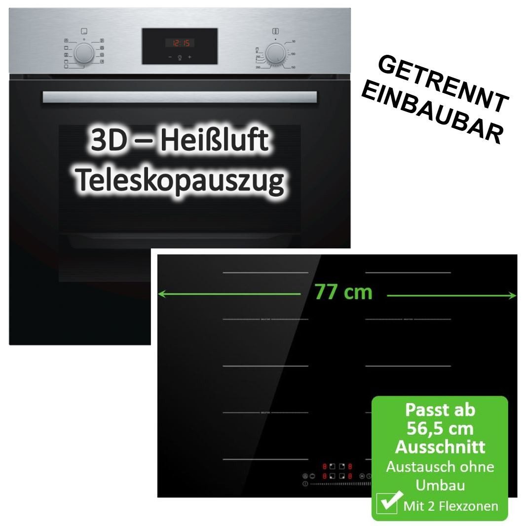 BOSCH Backofen-Set Teleskopauszug + PKM Flex-Induktionskochfeld PowerBoost autark 77cm