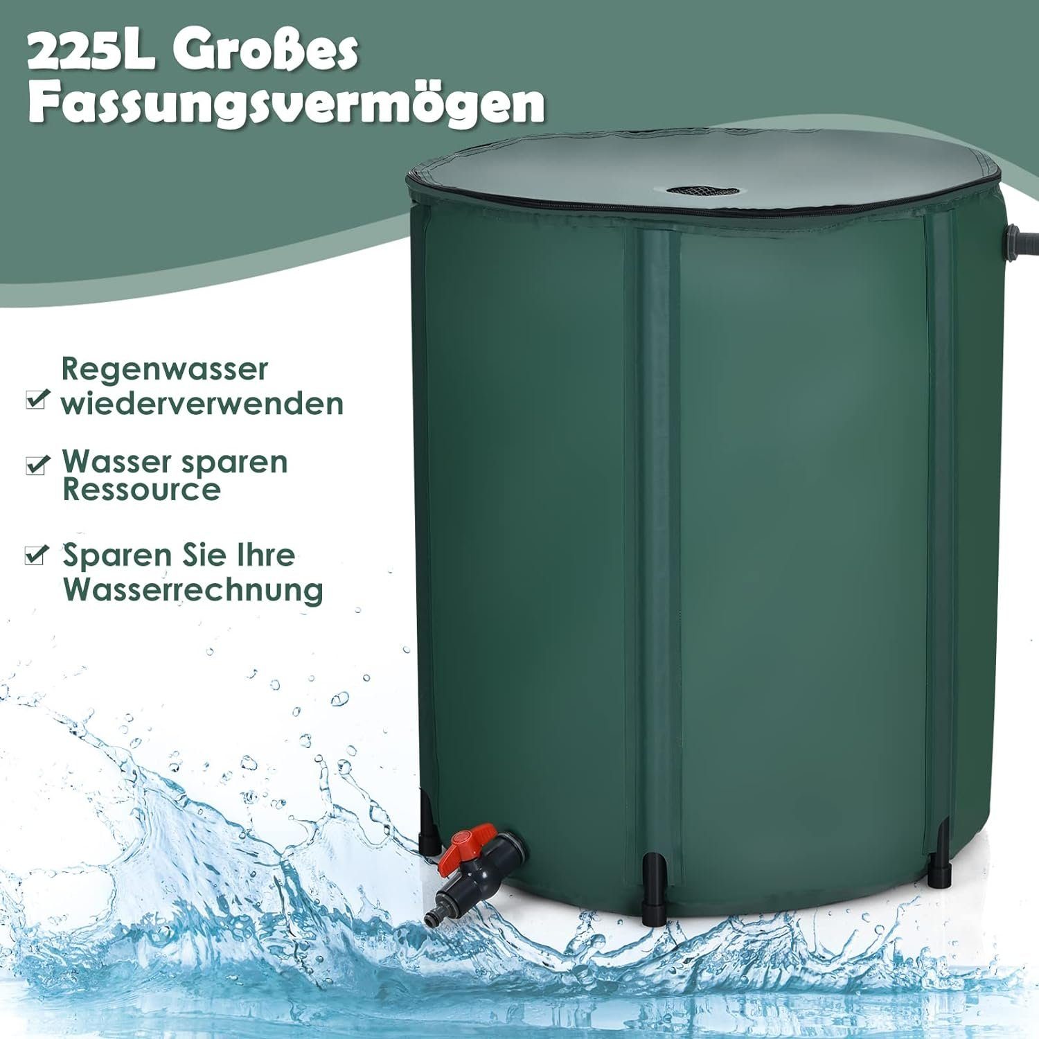 KOMFOTTEU Regentonne 225 L, mit Filter & Deckel, aus Kunststoff
