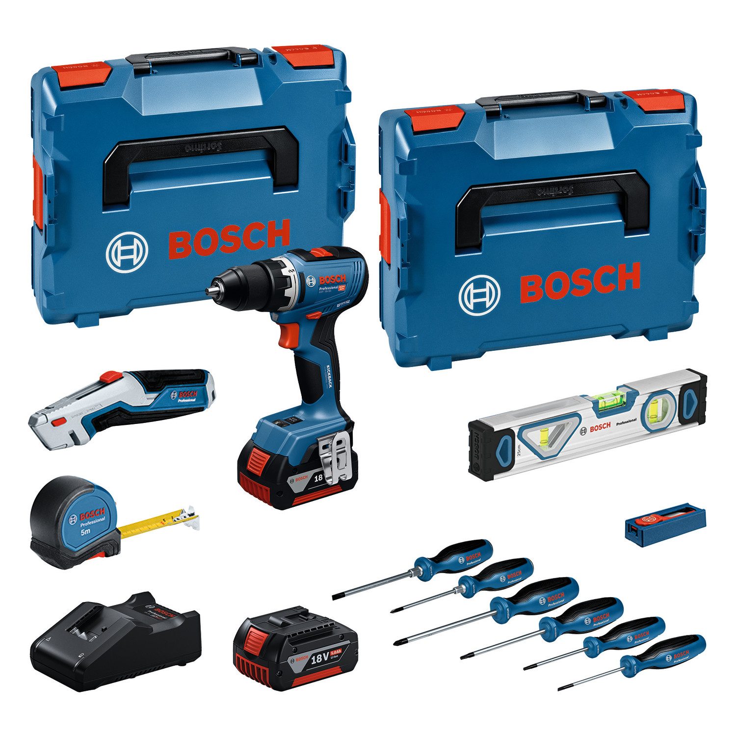 Bosch Professional Akku-Bohrschrauber GSR 18V-65, (Set), inkl. 2 Akkus, Ladegerät und 19-tlg. Handwerkzeug-Set, in L-BOXX