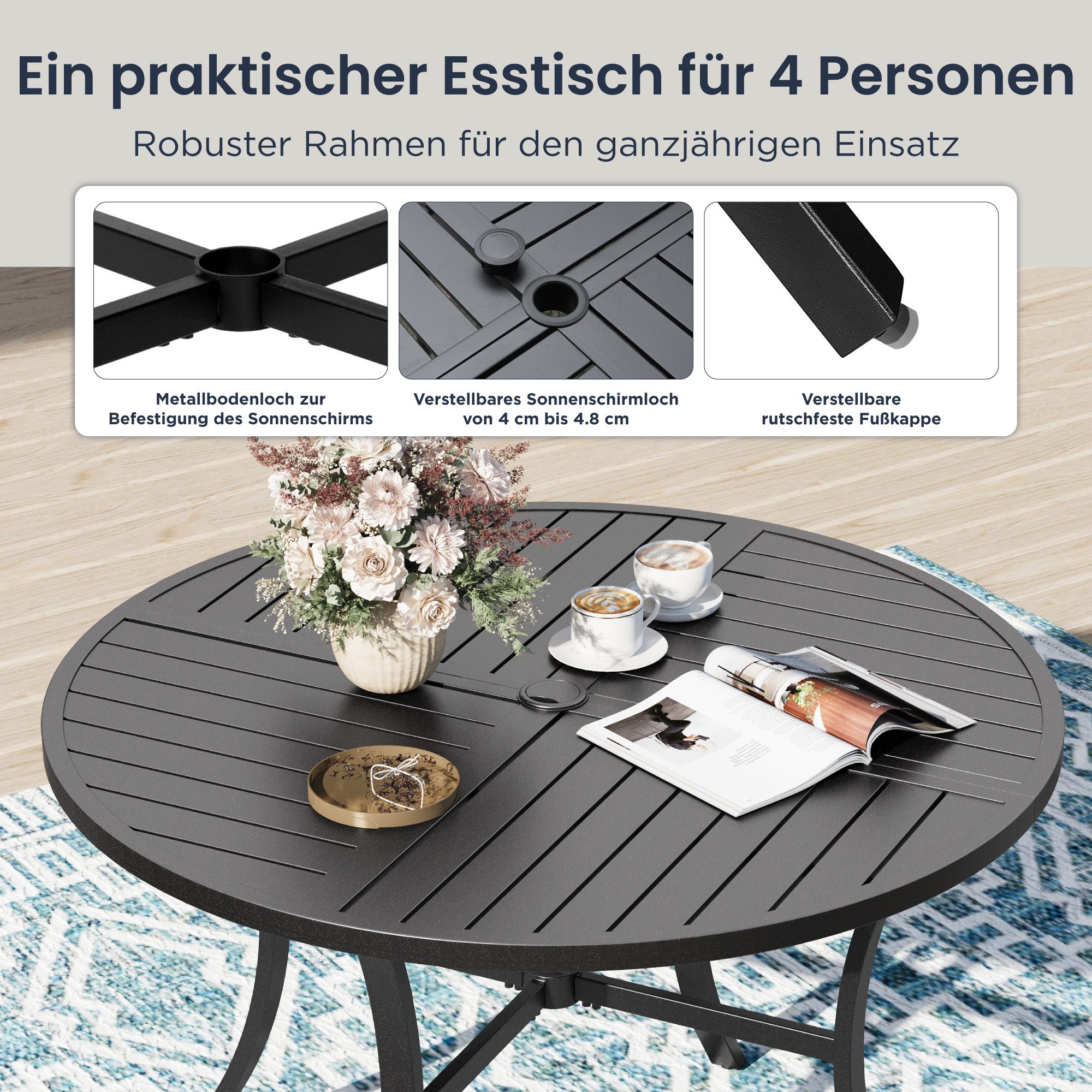 PHI VILLA Garten-Essgruppe, (5-teiliges Gartenmöbel Set Wetterfest, Gartentisch und 4 Textilene Stühle), Terrassenmöbel Sitzgruppe Outdoor für Balkon, Deck, Hof