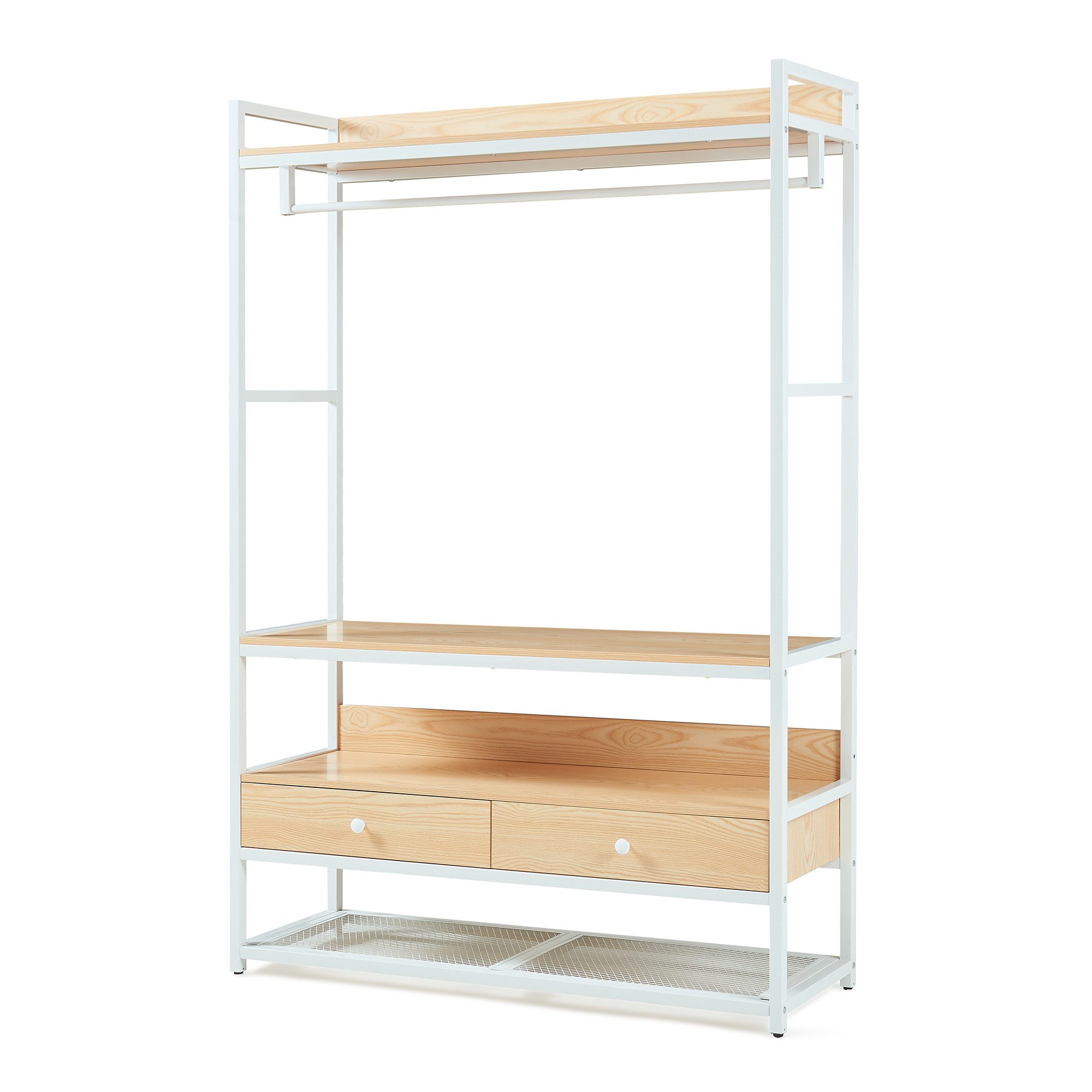 en.casa Garderobenständer, »Isen« 1 Stange, 4 Ablagen, 2 Schubladen 180x120x40cm Weiß/Eiche