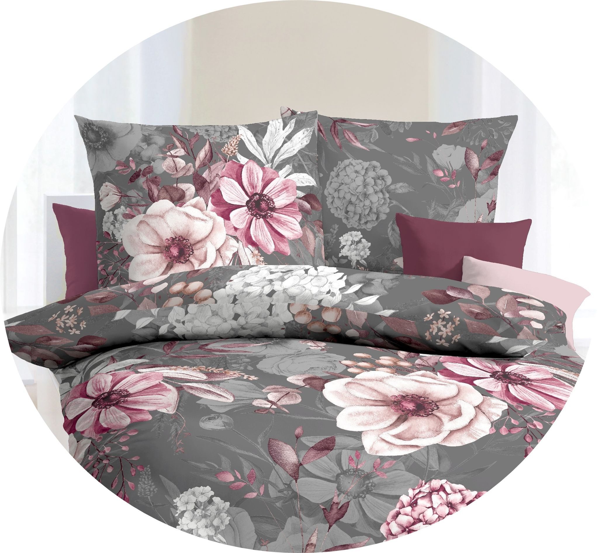 JACK Bettwäsche 155x220cm Gabriella Blütenmeer Rosé Anthrazit Kaeppel, Bibe günstig online kaufen