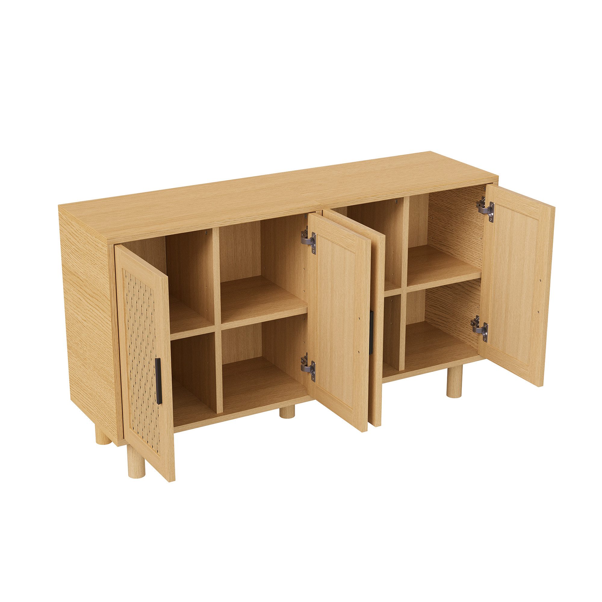 Simurq Kommode Sideboard Kommode Rattan-Optik 4 Türen 140 cm (Set, Buffetschrank Highboard mit 4 Rattan Türen), für Schlafzimmer, Wohnzimmer, Flur, 140 x 40 x 80 cm, Holzfarbe