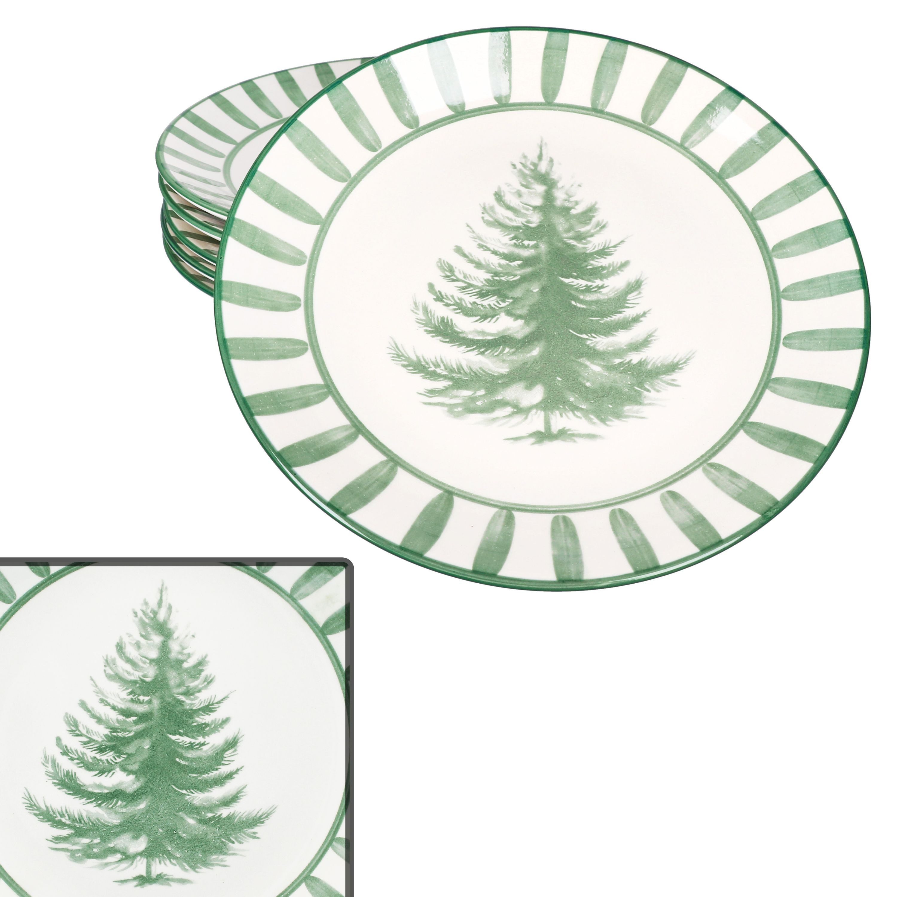 MamboCat Speiseteller 6x Wald grün Speiseteller Steingut 6 Personen Essteller Weihnachten, Weihnachtsgeschirr, Winter, Weihnachtsset, Geschirr