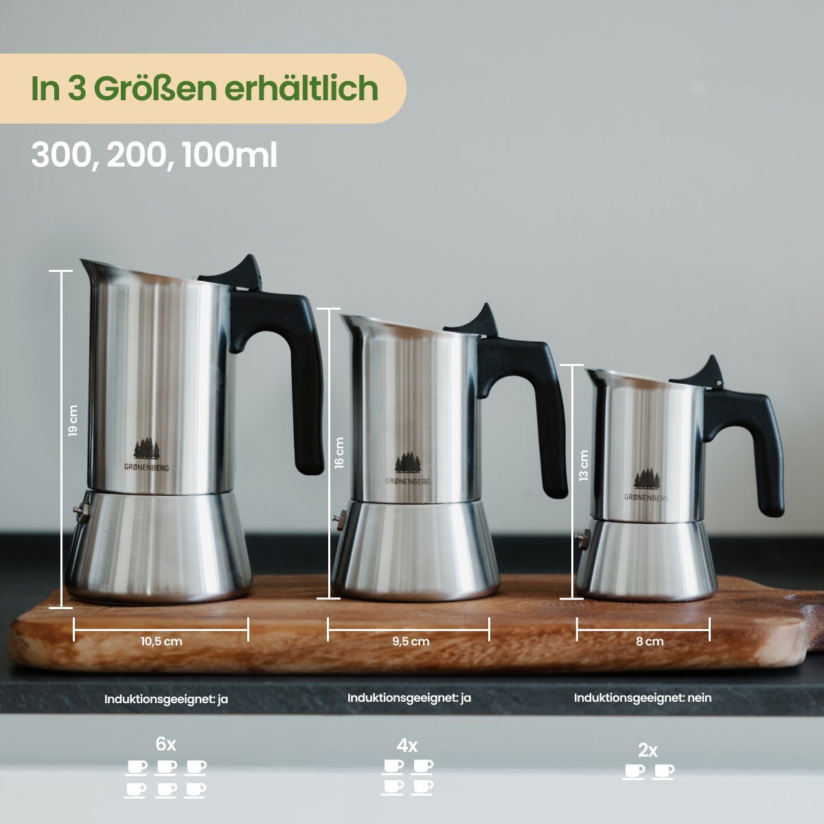 Espressokocher Espressokanne frei Kaffeekanne, von Inkl. & 0.1l 1-2 Edelstahl GRØNENBERG Unbeschichtet Tassen, Ersatz-Dichtung, Aluminium
