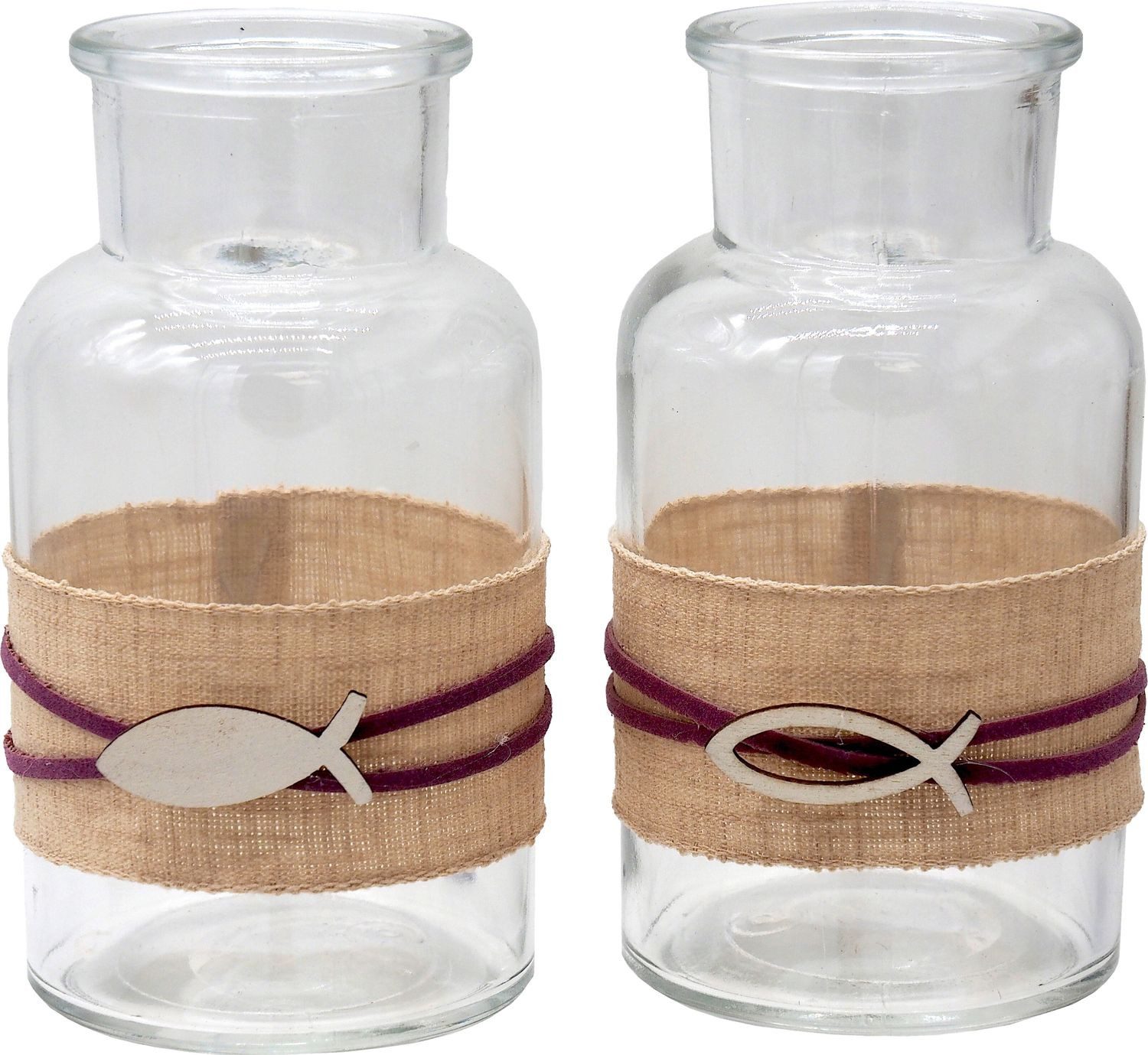 Tischvase Vase Tischdeko Fisch Leinen Natur Mauve Kommunion Konfirmation 2 Stück