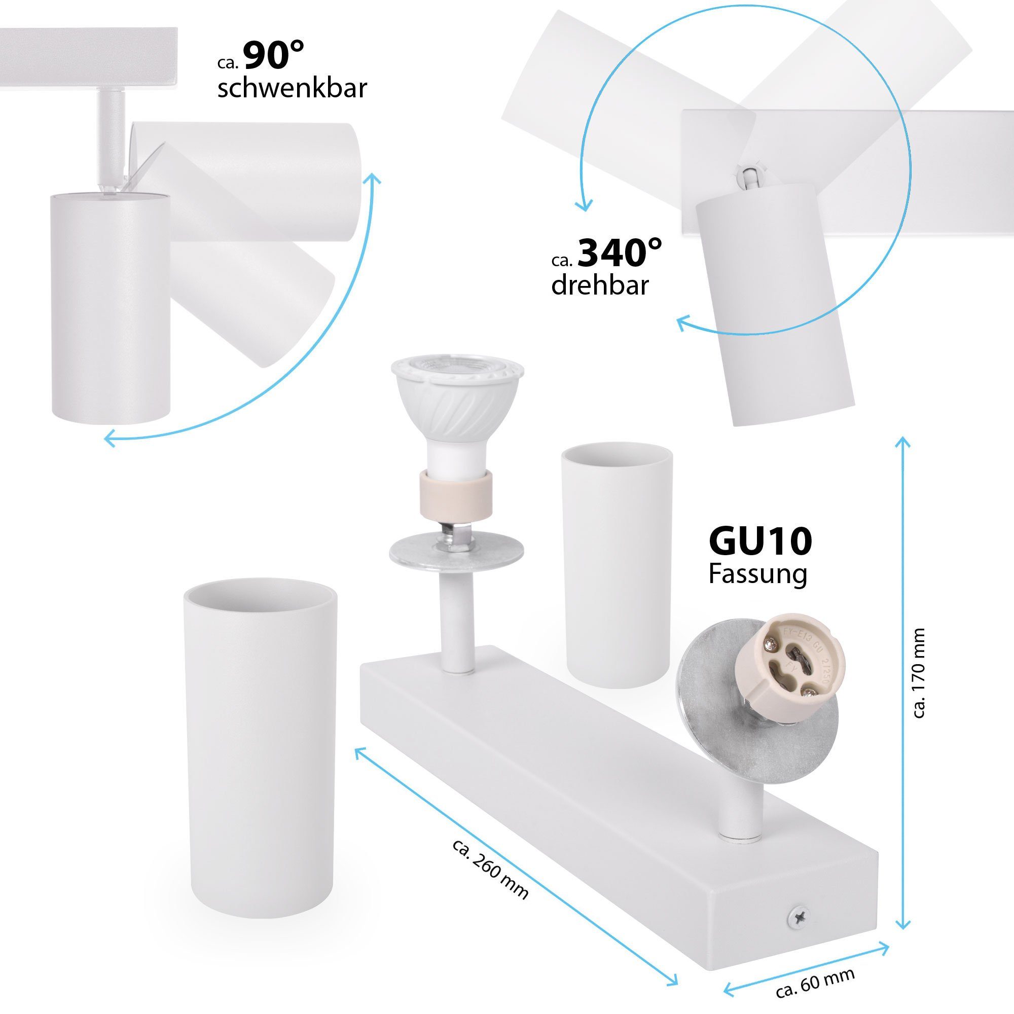 ProSpot Wandleuchte, schwenkbar GU10, Maxkomfort Leuchtmittel, Rostfrei, Deckenleuchte, ohne LED MR16, Wandstrahler, wechselbar, 866-2, Deckenstrahler Deckenstrahler, weiß