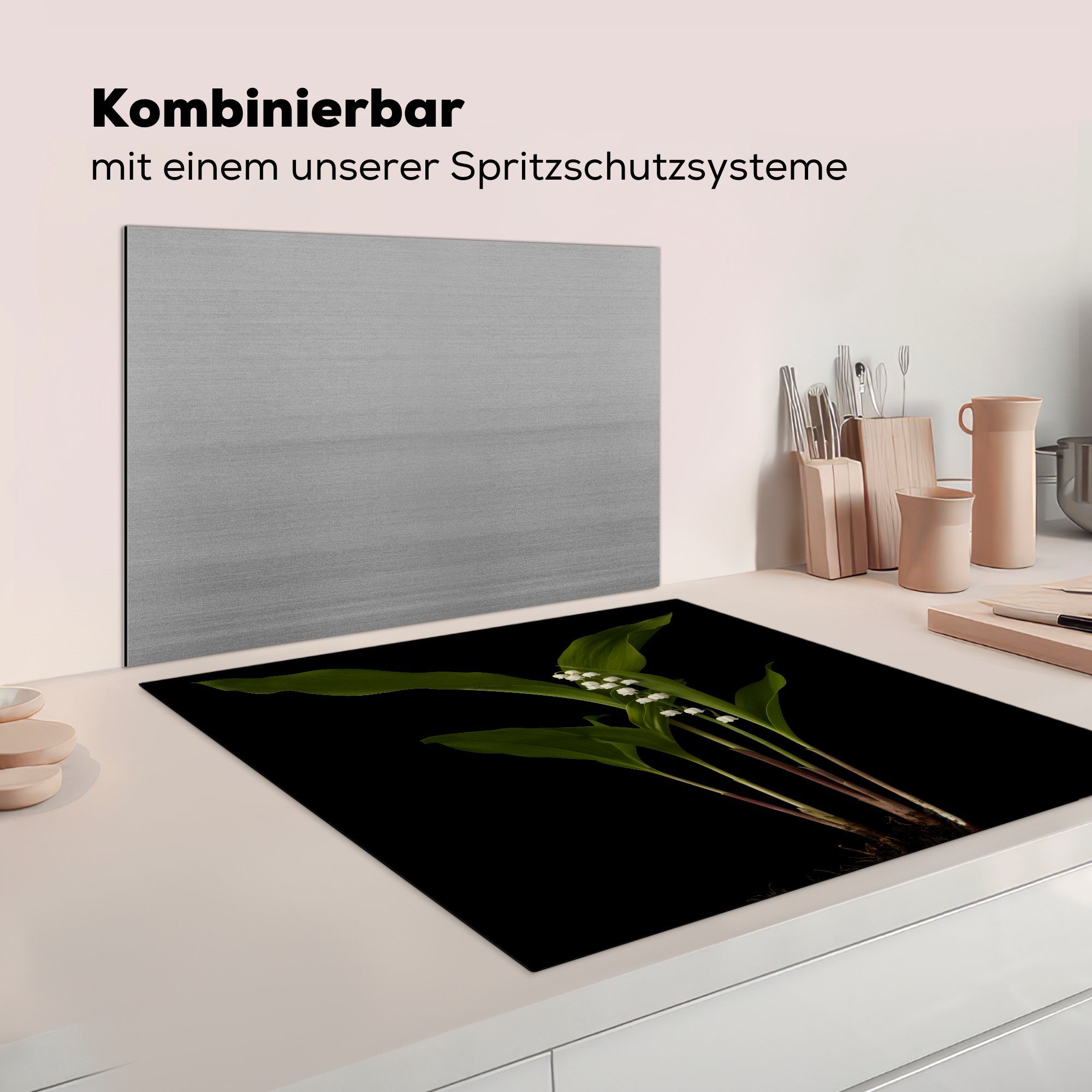 cm, Arbeitsplatte Maiglöckchen Vinyl, mit auf küche (1 Blättern Hintergrund, 78x78 für MuchoWow schwarzem tlg), Ceranfeldabdeckung, Herdblende-/Abdeckplatte