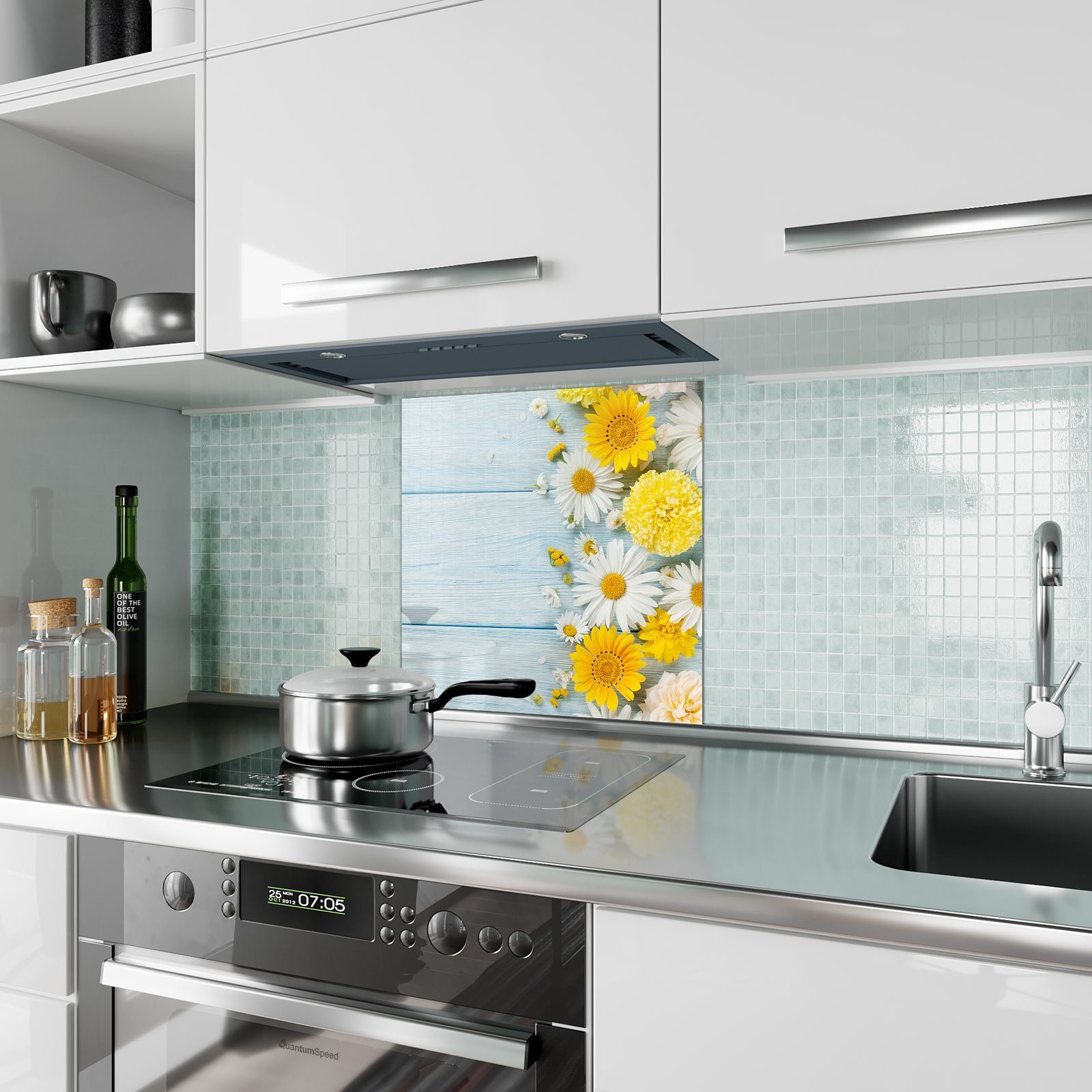 Küchenrückwand als Spritzschutz Motiv Dekoration Glas Gartenblumen Küchenrückwand Primedeco mit