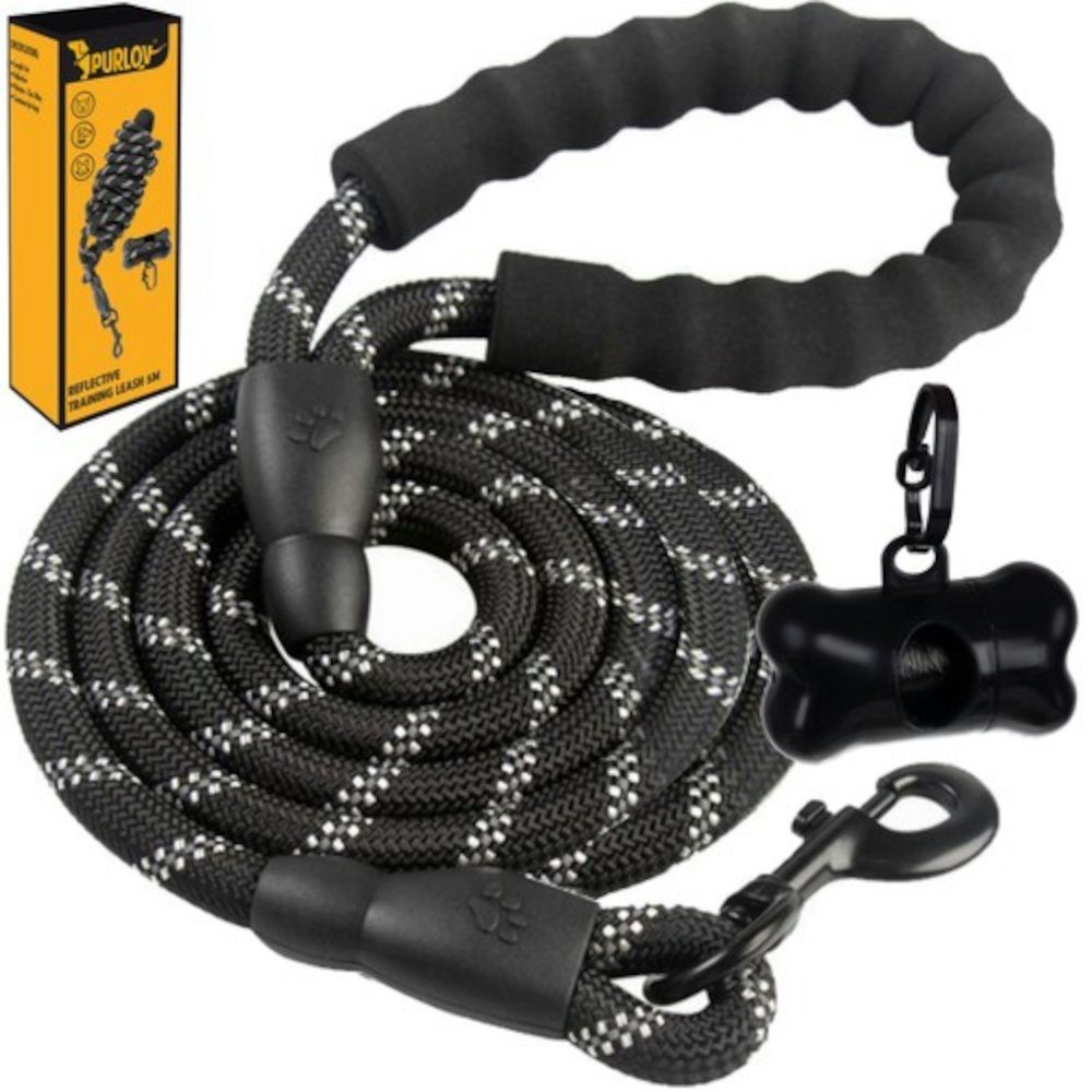 Purlov Hundeleine Reflektierende Leine 5 m, Polypropylen (Führleine 5 m Hunde Leine Trainingsleine, 2-tlg., schwarz Reflektiert 5 Meter), Reflektierende Hundeleine gepolstert
