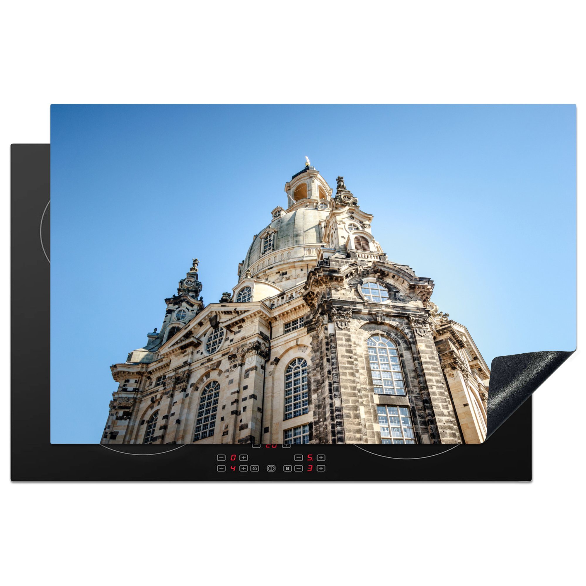 MuchoWow Herdblende-/Abdeckplatte Frauenkirche in Dresden, Deutschland, mit blauem Hintergrund, Vinyl, (1 tlg), 81x52 cm, Induktionskochfeld Schutz für die küche, Ceranfeldabdeckung