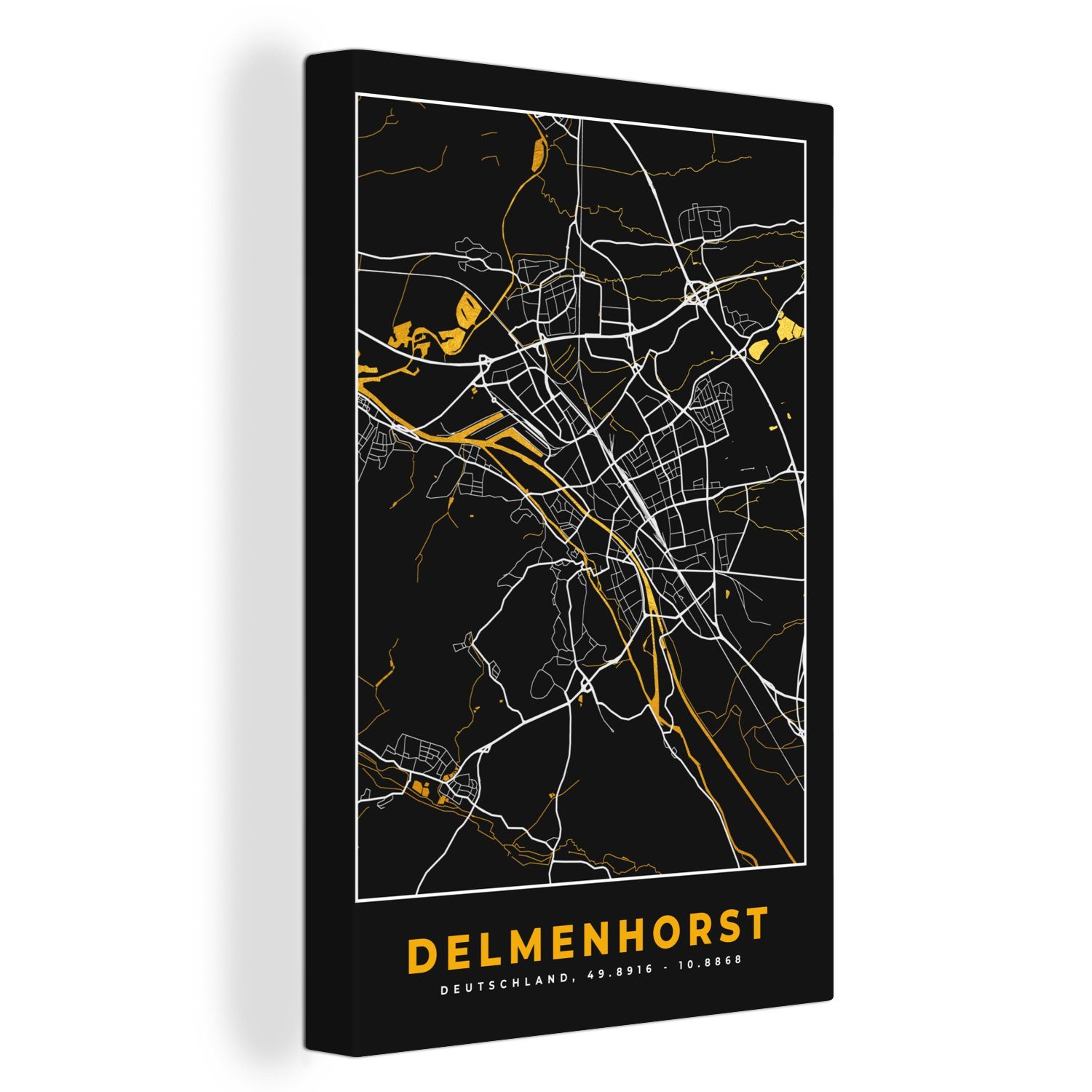 OneMillionCanvasses® Leinwandbild Karte - Delmenhorst - Gold - Stadtplan - Deutschland, (1 St), Leinwandbild fertig bespannt inkl. Zackenaufhänger, Gemälde, 20x30 cm