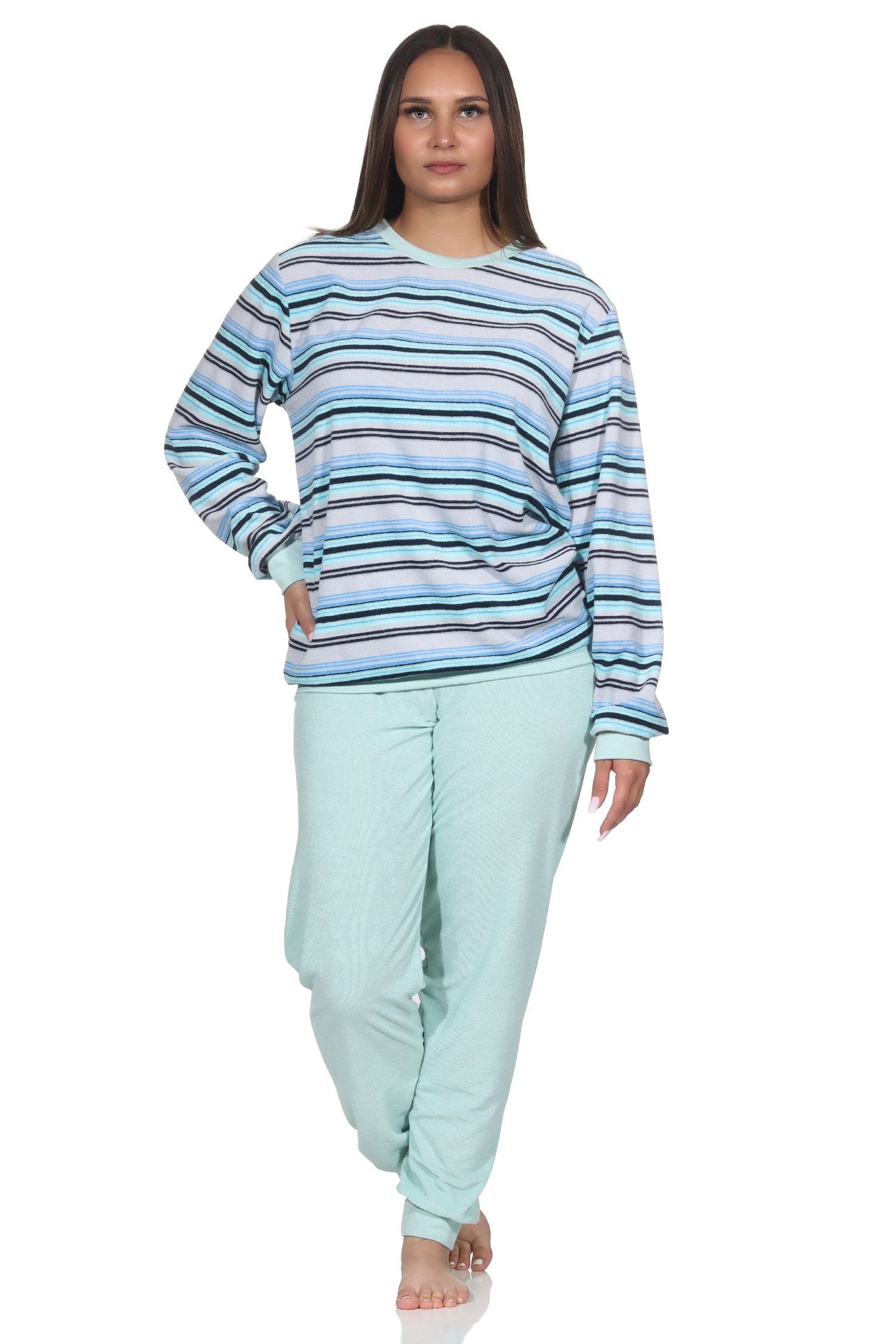in Bündchen Schlafanzug Damen Pyjama mit Normann Frottee elegantem Streifendesign türkis