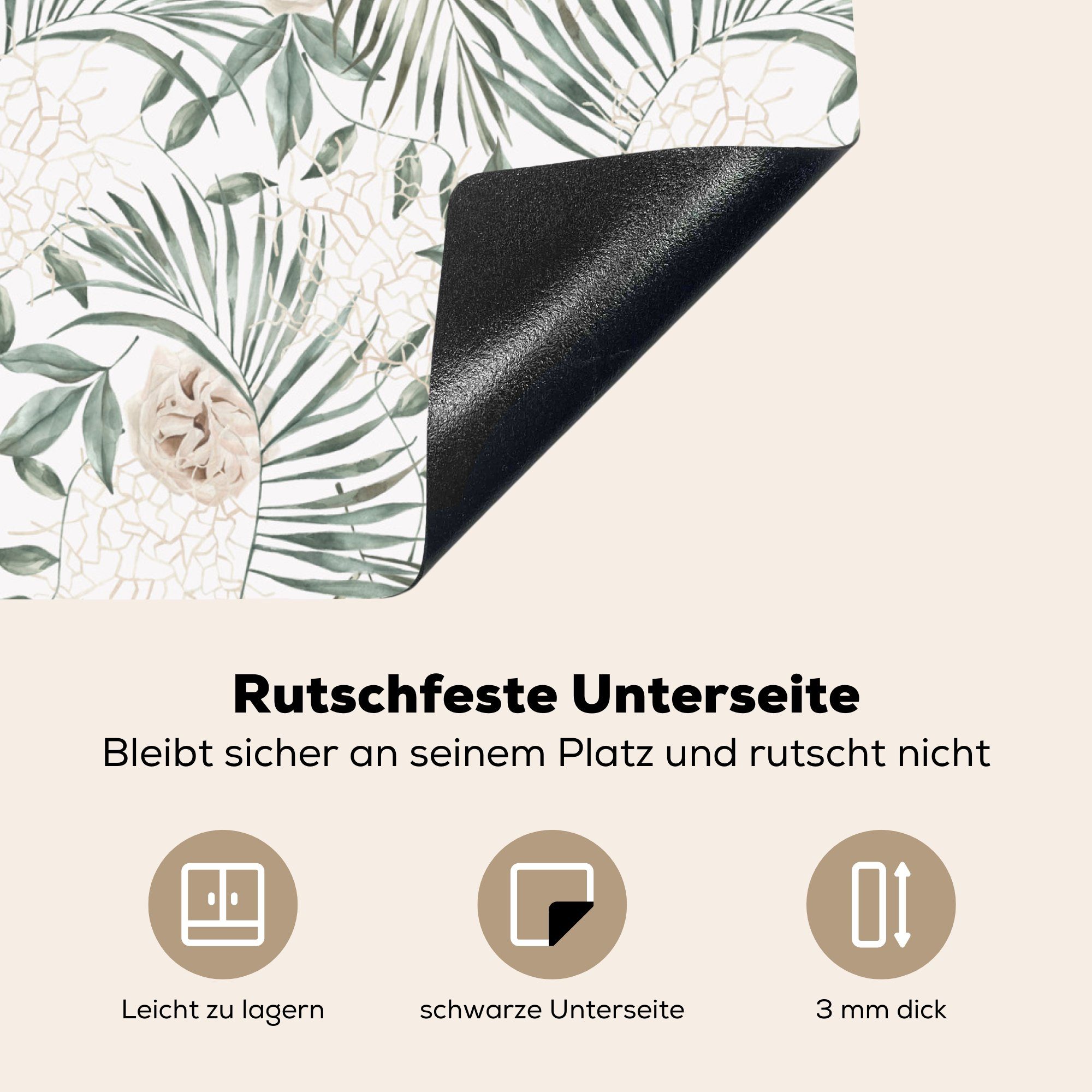 - Tropisch, - Herdblende-/Abdeckplatte Ceranfeldabdeckung cm, Induktionsschutz, (1 tlg), Palmenblatt Monstera 59x51 Vinyl, Induktionskochfeld, Dschungel MuchoWow -