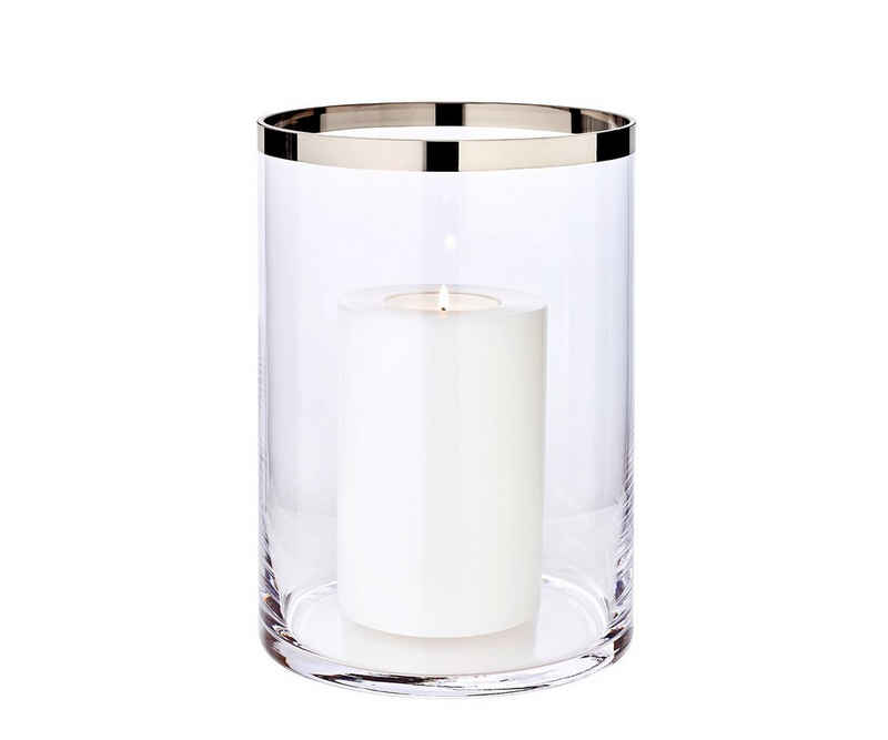 EDZARD Windlicht Molly, Höhe 25 cm, Ø 18 cm, Laterne aus Kristallglas mit Platinrand, Kerzenhalter für Stumpenkerzen