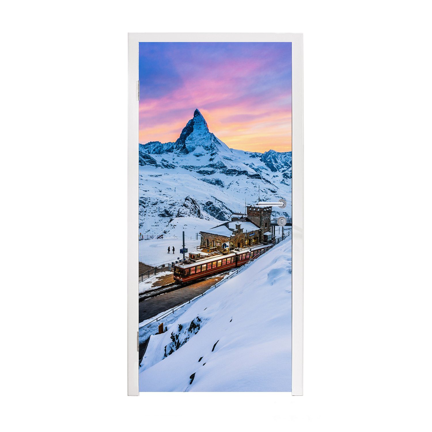 MuchoWow Türtapete Alpen - Schnee - Zug, Matt, bedruckt, (1 St), Fototapete für Tür, Türaufkleber, 75x205 cm