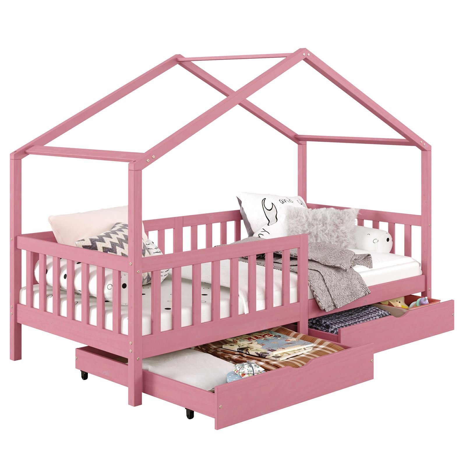 IDIMEX Kinderbett ELEA, Hausbett Montessori Tipibett Kinderbett 90 x 200 Kiefer Schubladen Rau rosa