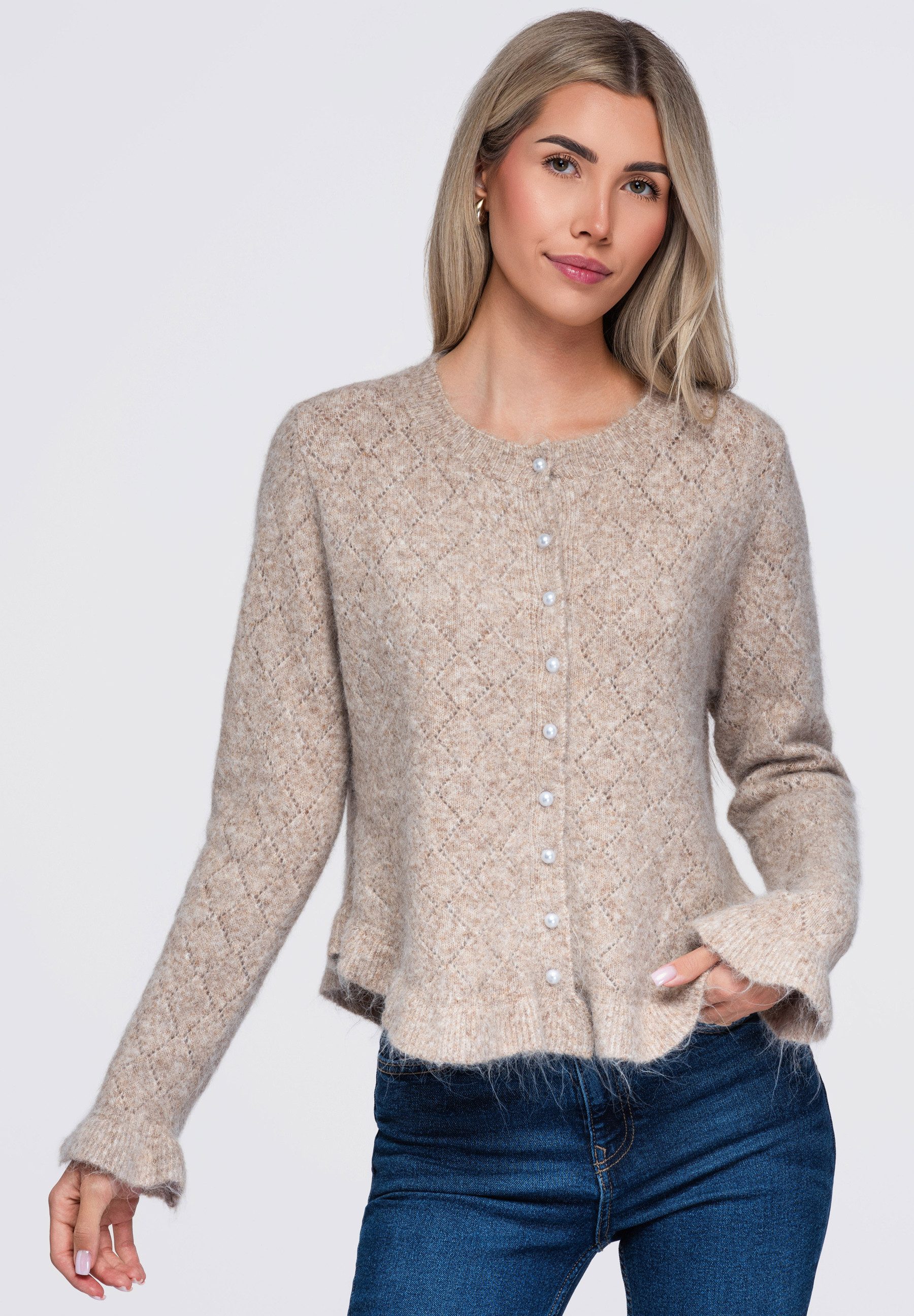 OMBRE Cardigan Damen Strickpullover mit V-Ausschnitt und Ajourmuster Beige ONESIZE (kein Set, 1-tlg) in Unifarbe
