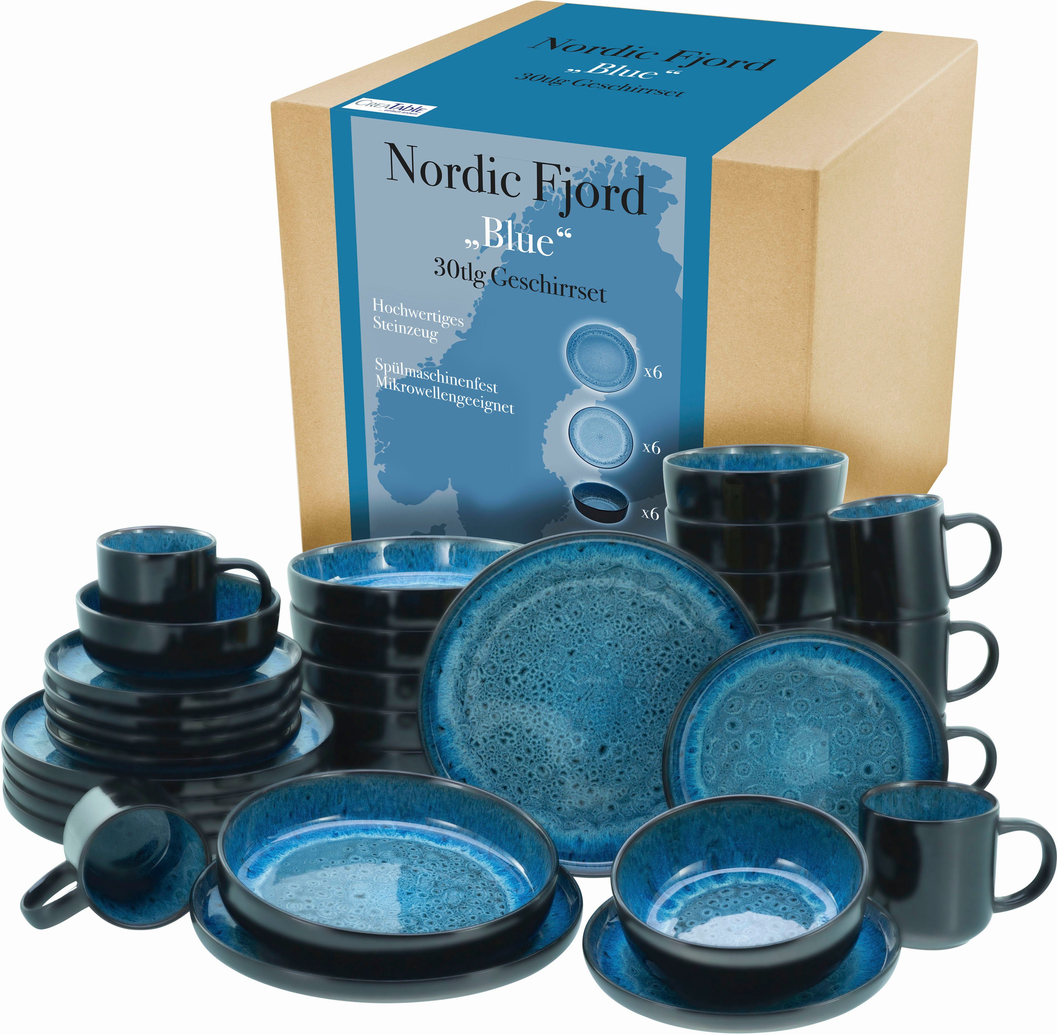 CreaTable Kombiservice Nordic Fjord (30-tlg), 6 Personen, Steinzeug, je 6 Speiseteller, Suppenteller, Dessertteller, Schalen, Kaffeebecher