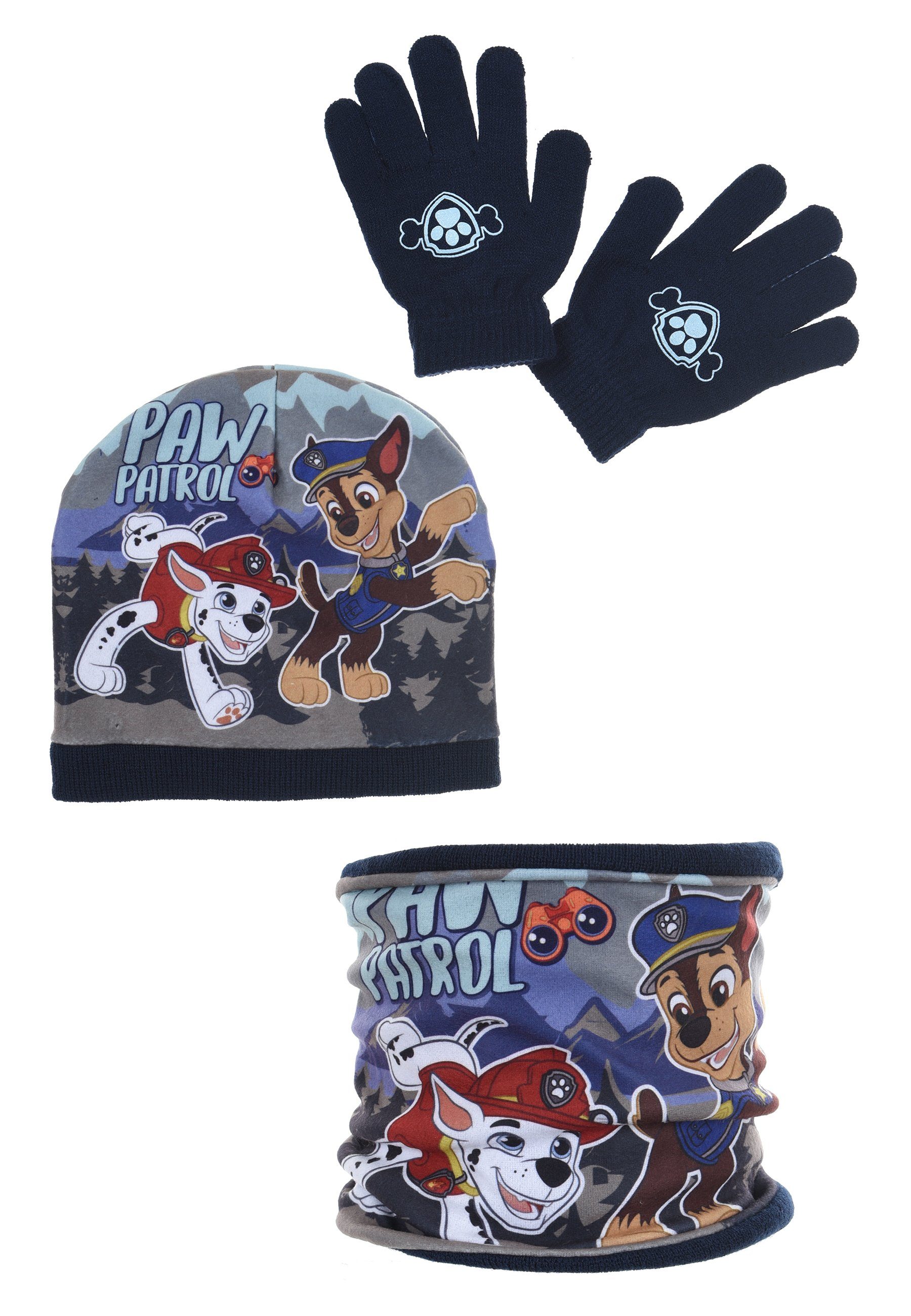 PAW PATROL Beanie Chase Marshall Kinder Winter-Set 3 tlg. Mütze, Schlauchschal & Handschuhe (SET)