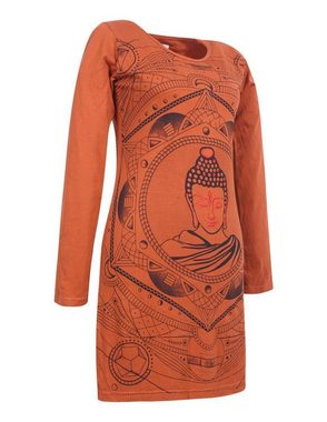 Vishes Midikleid Langarm Baumwollkleid Shirtkleid mit Buddha Druck Übergangskleid, Hippie Style