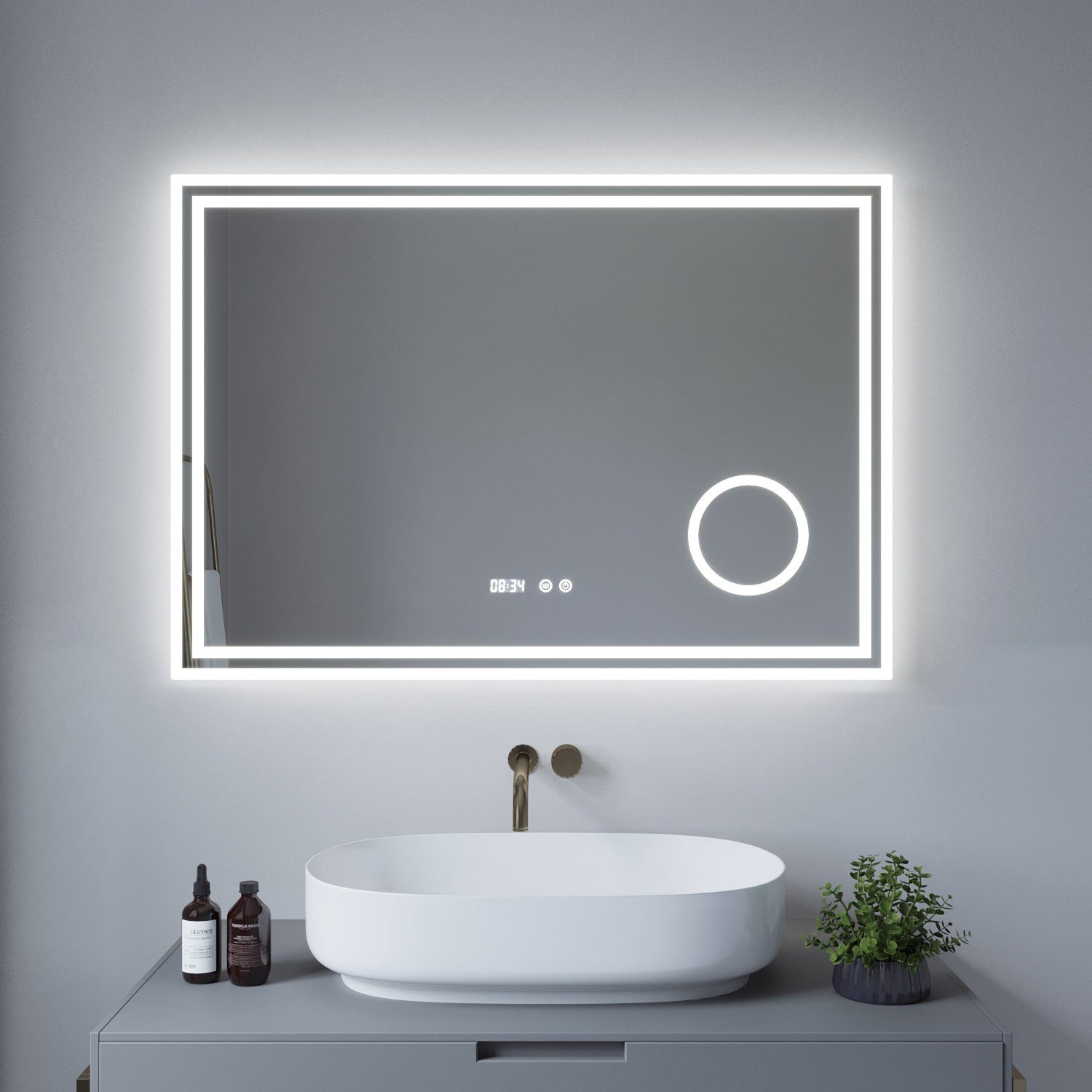 AQUALAVOS Badspiegel Badspiegel mit Beleuchtung mit Digitaluhr Energiesparend Vergrößerung, Licht Touchschalter, Badezimmer Kaltweißes mit Led Lichtspiegel