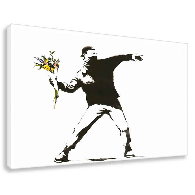 Leinwando Gemälde Banksy Leinwandbilder Flower Riot Quer light / Streetart Bilder fertig zum Aufhängen /Blumenwerfer