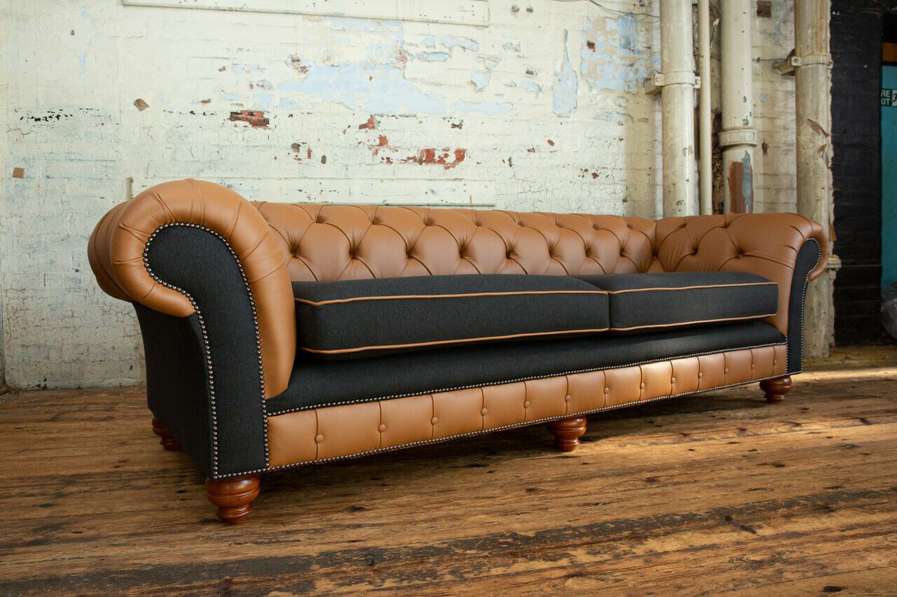 Xlmoebel Chesterfield-Sofa Klassisches Chesterfield-Sofa aus grauem Samt und Leder, Hergestellt in Europa