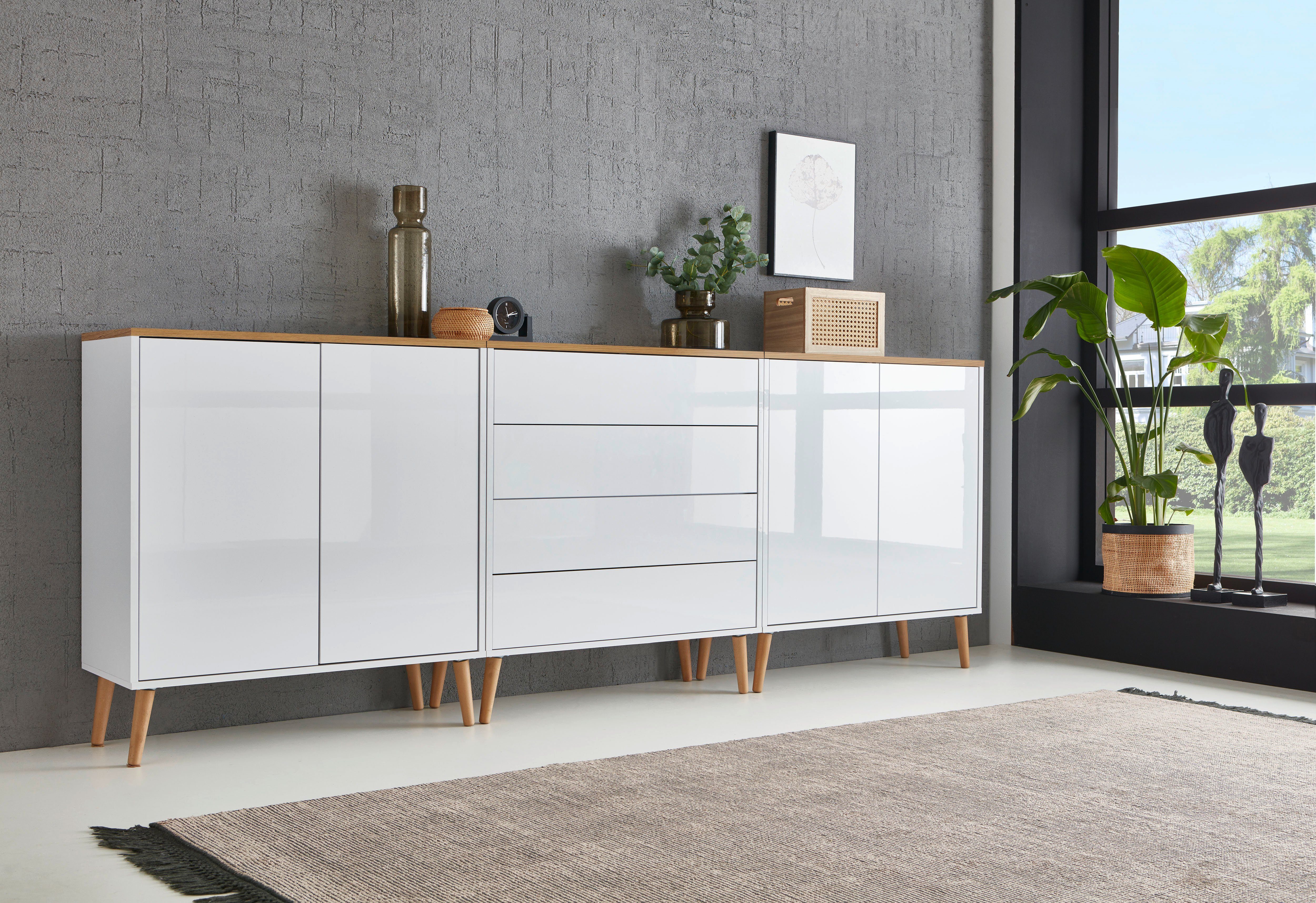 BMG Möbel Sideboard Mailand Set 5 (Kommode Anrichte Aktenschrank, mit Massivholzfuß), Push-to-Open-Funktion