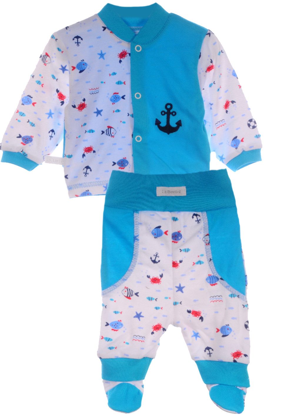 Langarmshirt & Hose Baby Anzug Hemdchen und Schlupfhose mit Füßchen in Türkis