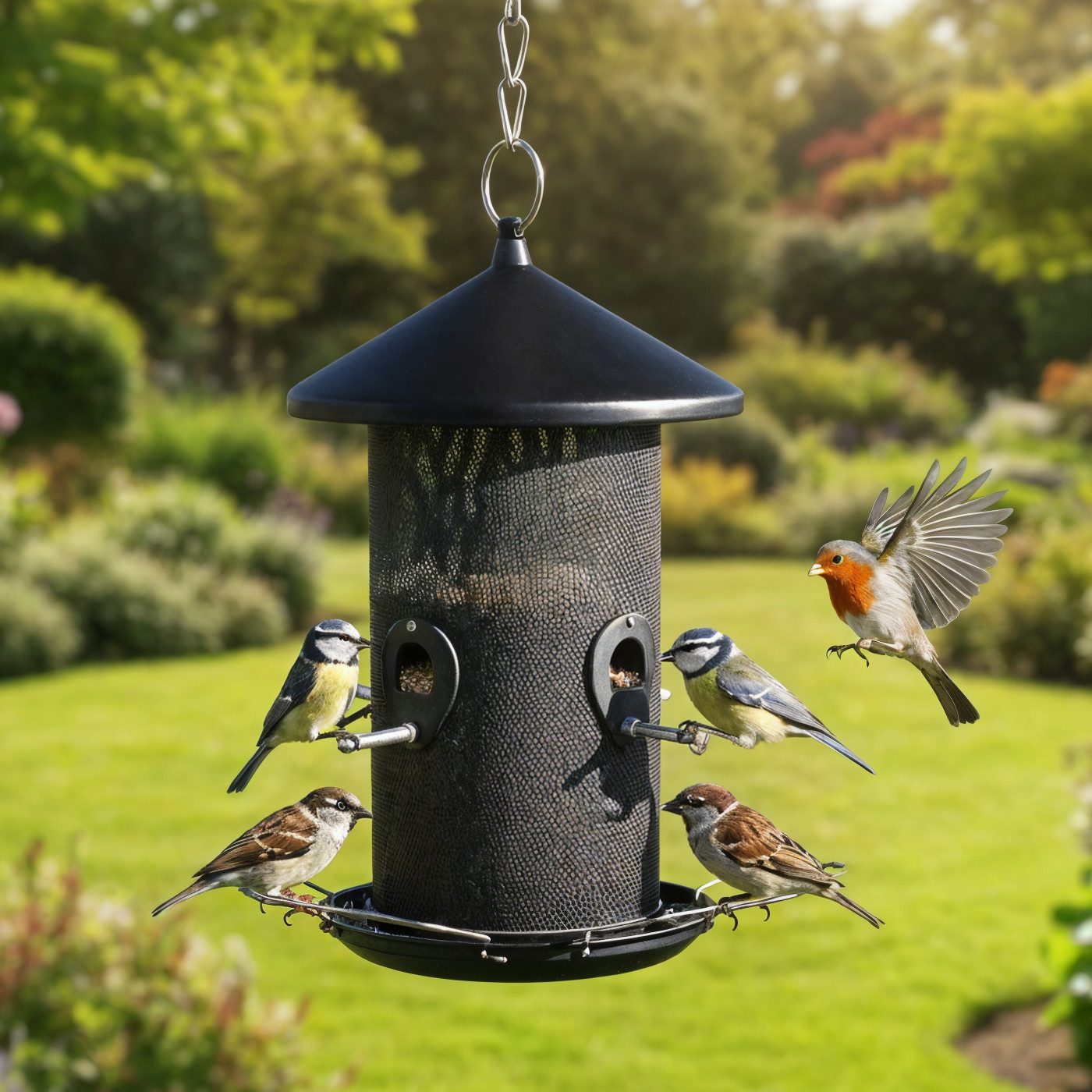 Zooprinz Кормstation Premium XL Vogelfutterspender mit Sitzringen Vogelfutterhaus, Stahlseil, witterungsbeständig und langlebig, Metall Кормsilo