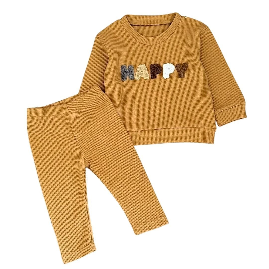 suebidou Langarmshirt & Hose 2 teiliges Outfit Set "Happy" natur Waffle Look nachhaltig, kreativ