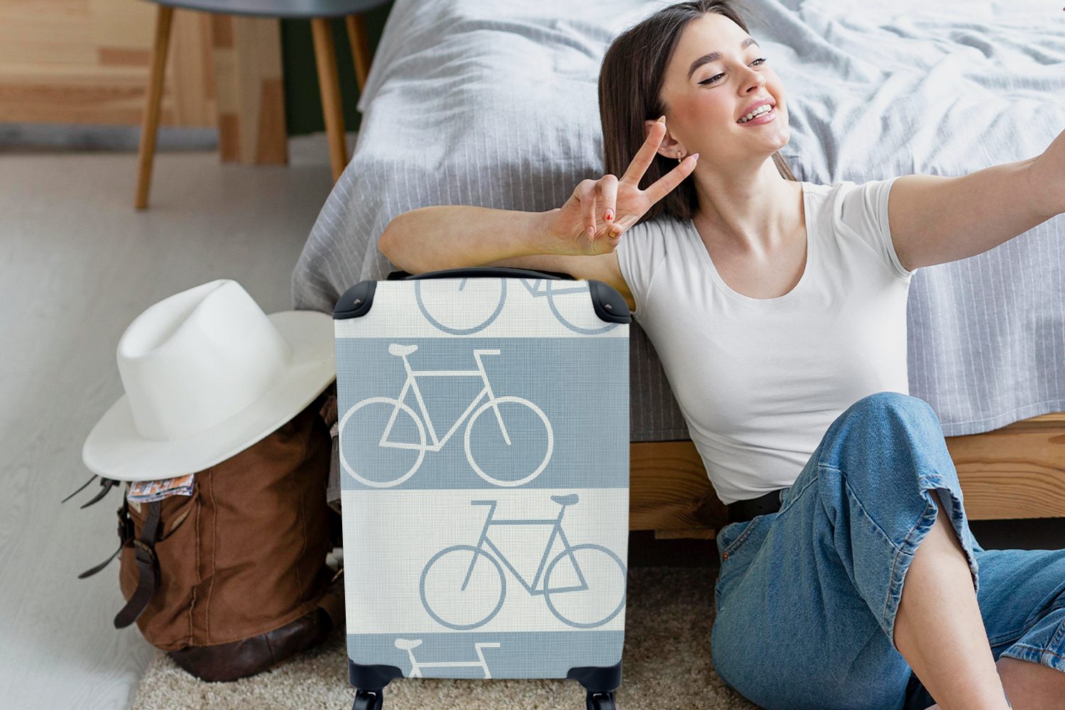 Ferien, Trolley, Handgepäck - Fahrrad Rollen, MuchoWow rollen, Handgepäckkoffer Blau 4 Reisetasche mit Reisekoffer für - Muster,