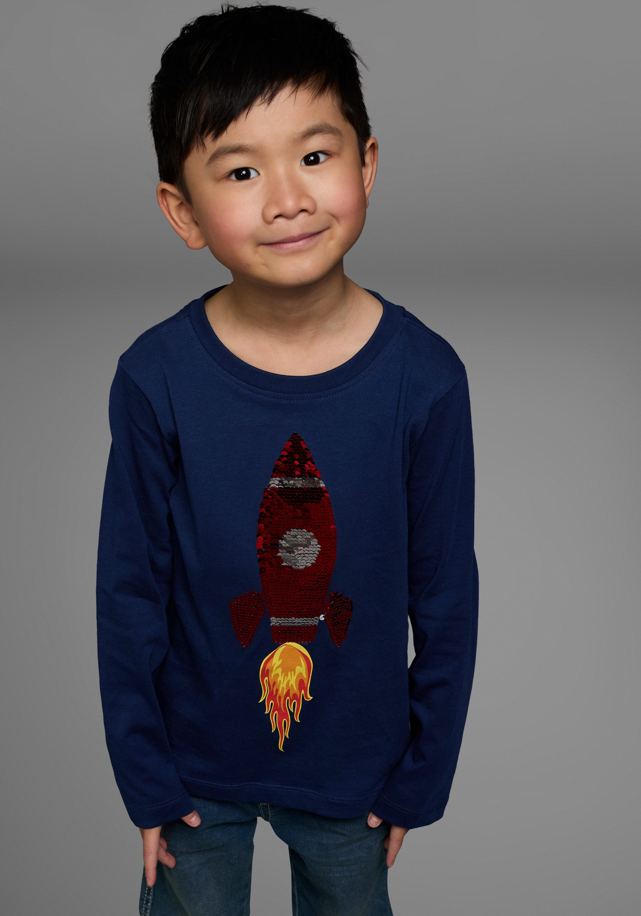 Langarmshirt Rakete aus Wendepailletten