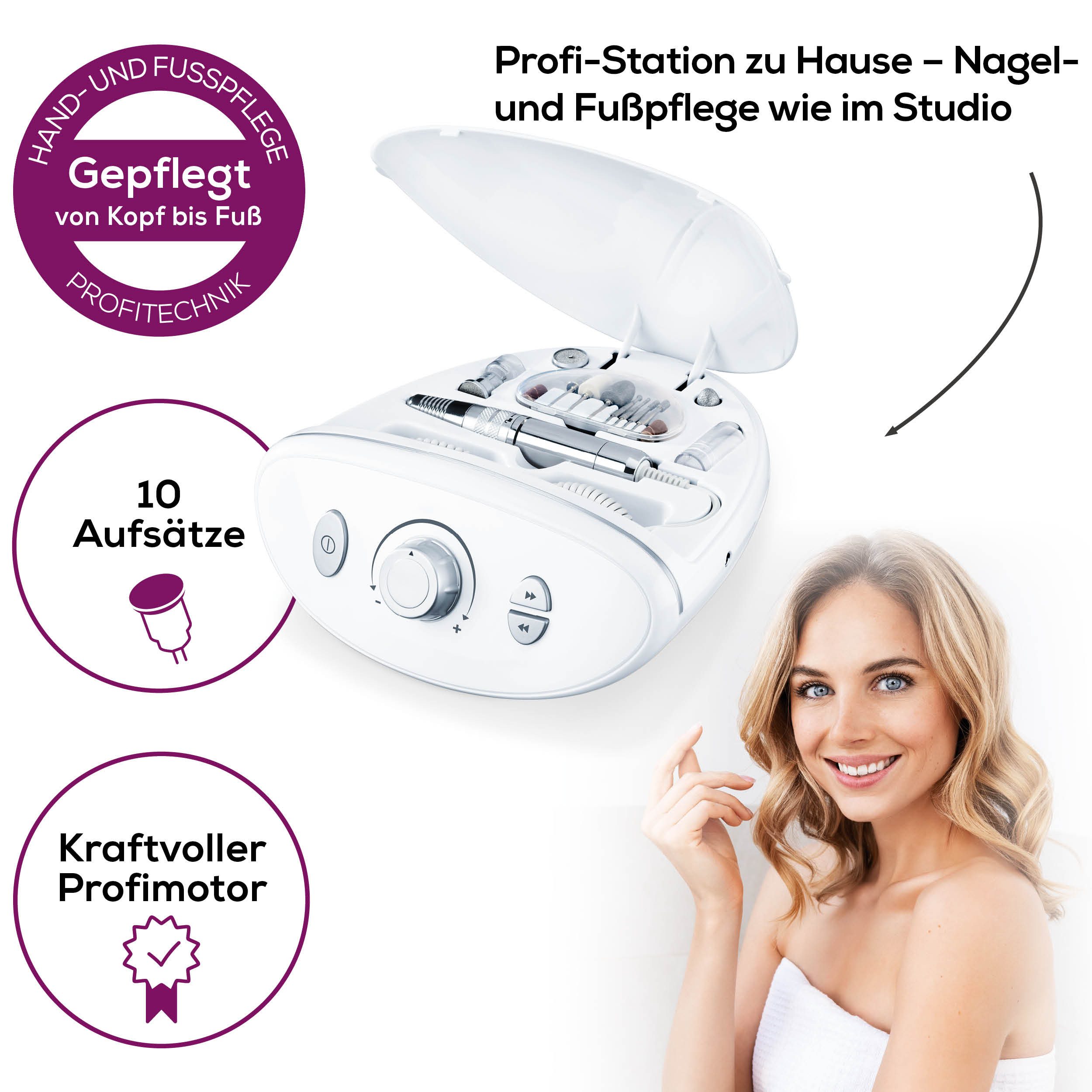 BEURER Maniküre-Pediküre-Set MP 100 Manikürestation, Profistation mit bis zu 20.000 U/min, Mit 10 Aufsätzen, Rechts-/Linkslauf, LED-Licht, leistungsstarker Motor