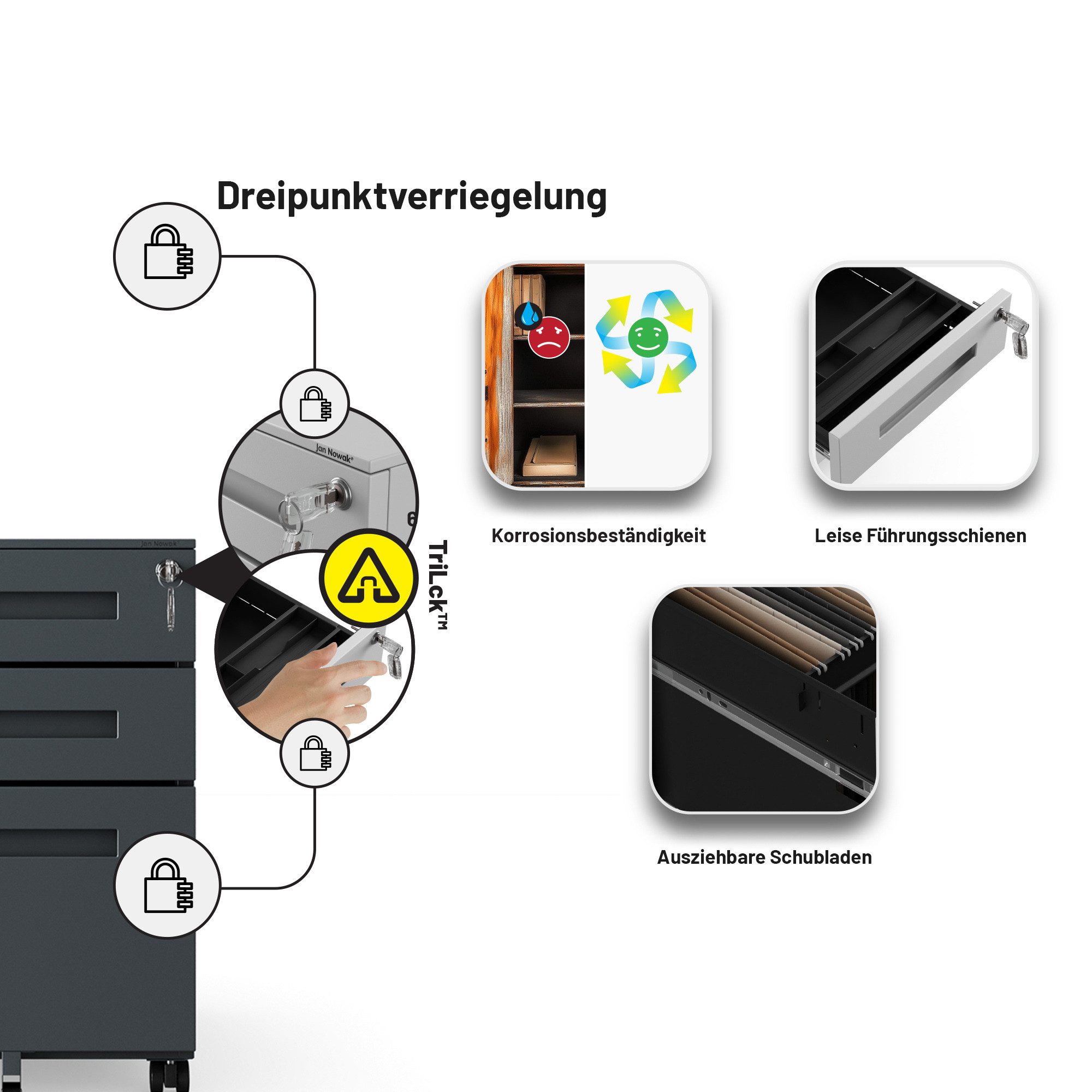 Jan Nowak Rollcontainer Metall Rollcontainer Schreibtisch KATE 3 Schubladen Hängeregister, (Kaltwalzstahl 0,6 mm 39 x 60 x 50 cm Anti-Kipp-Mechanismus), Bürocontainer Stahl abschließbar Rollen kompakt 3 Farben