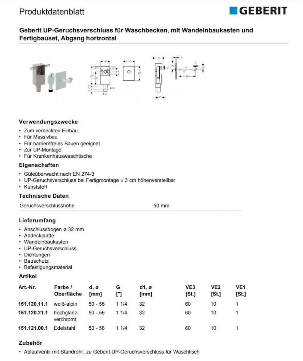 GEBERIT Siphon Geruchsverschluss Siphon für Waschtisch alpin-weiß - 151.120.11.1