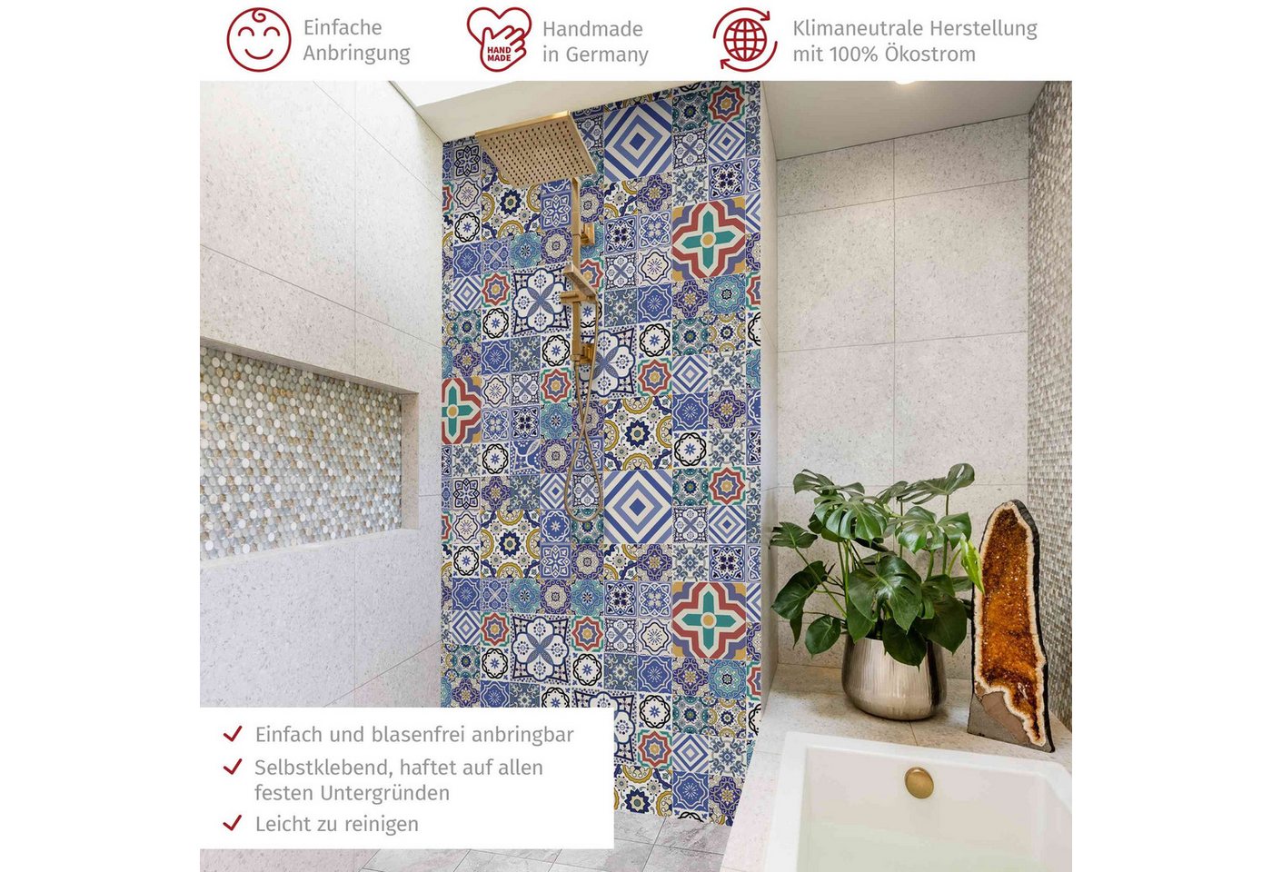 Thumbnail - Bilderdepot24 Badrückwand Fliesenoptik blau Duschrückwand ohne Bohren Dusche Muster, (1-tlg., Hart-Folie Premium matt 0,...
