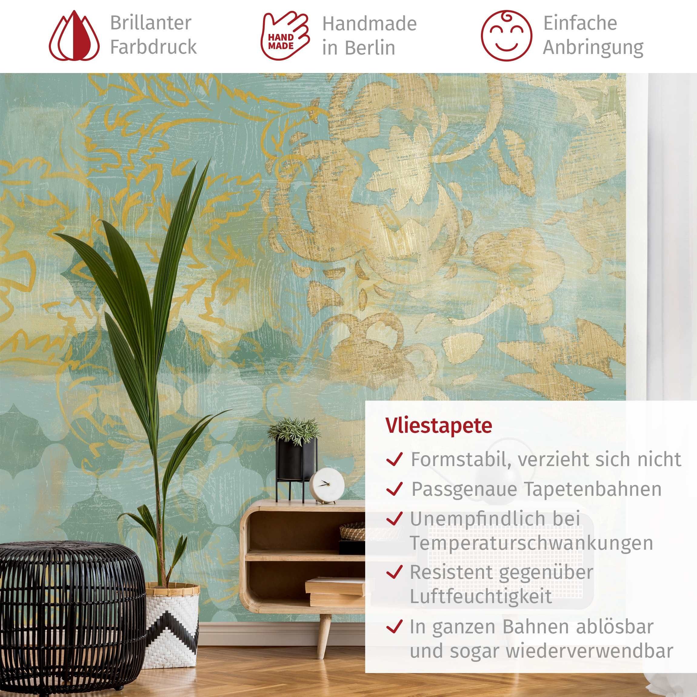 Bilderdepot24 Vliestapete Vintage Marokkanische Collage Gold Türkis Orientalisch Floral Ranke, Glatt, Matt, (Vliestapete inkl. Kleister oder selbstklebend), Wohnzimmer Schlafzimmer Küche Flur Fototapete Motivtapete Wandtapete