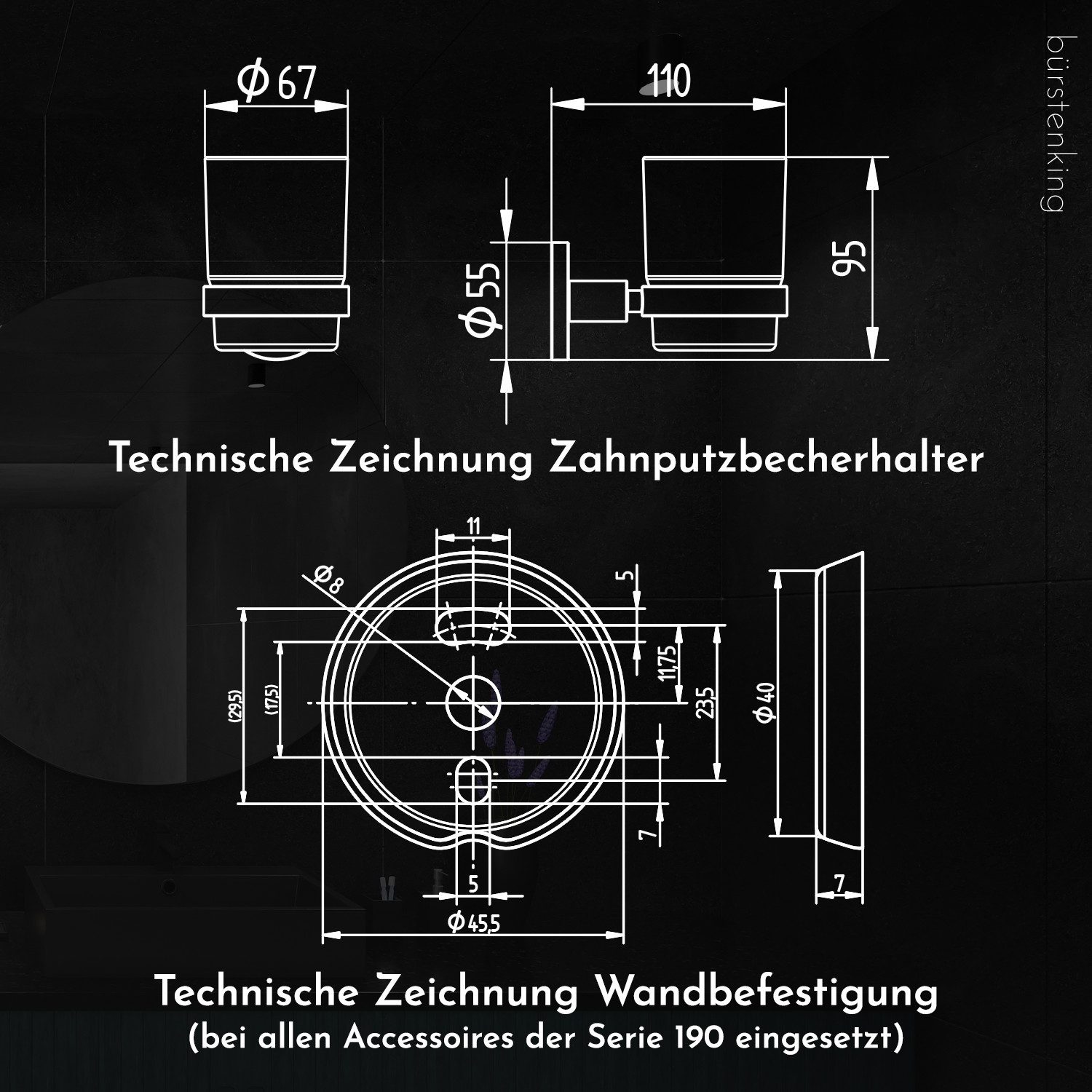 Bürstenking Zahnbürstenhalter mit Glasbecher – Edelstahl matt, wandmontiert, Serie 190, (Serie 190, Serie 190), Langlebig, rostfrei, platzsparend, modernes Desi – Bild 4 von 5