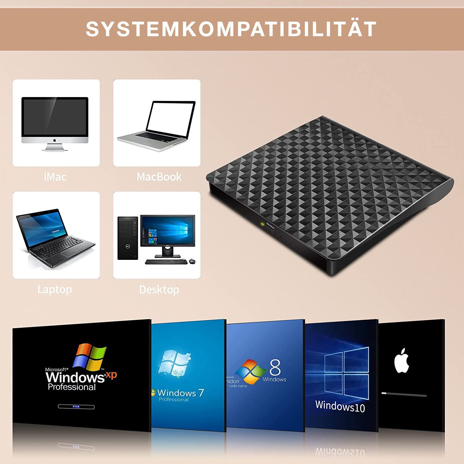 XLYNE Externer Blu-ray Brenner USB 2.0, Blu-ray, DVDR, CDR, extern, Slim Blu-ray-Laufwerk (USB A, BD 6x/DVD 8x/CD 24x, Einfache Installation: Plug & Play)